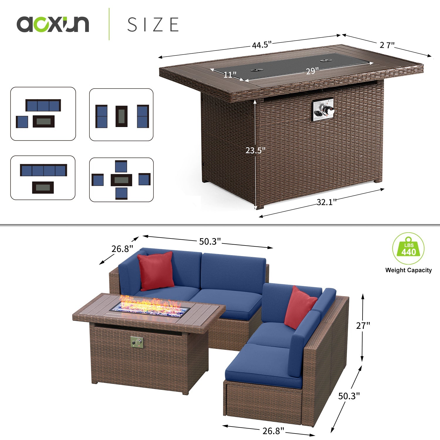 5 Piece Patio Furniture Set, Outdoor Patio Furniture Sets with Fire Pit, Wicker Patio Furniture, Outdoor Conversation Set with Blue Cushions