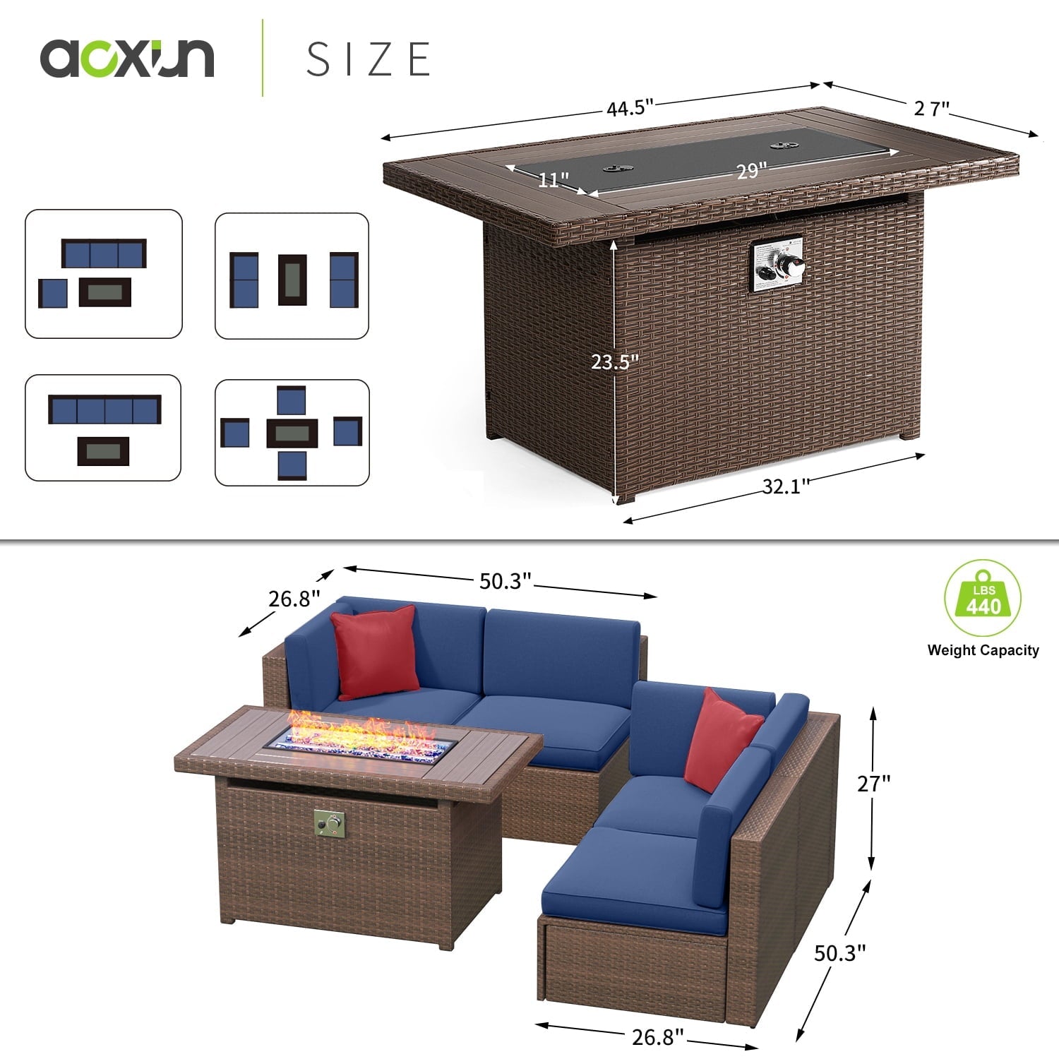 5 Piece Patio Furniture Set, Outdoor Patio Furniture Sets with Fire Pit, Wicker Patio Furniture, Outdoor Conversation Set with Blue Cushions