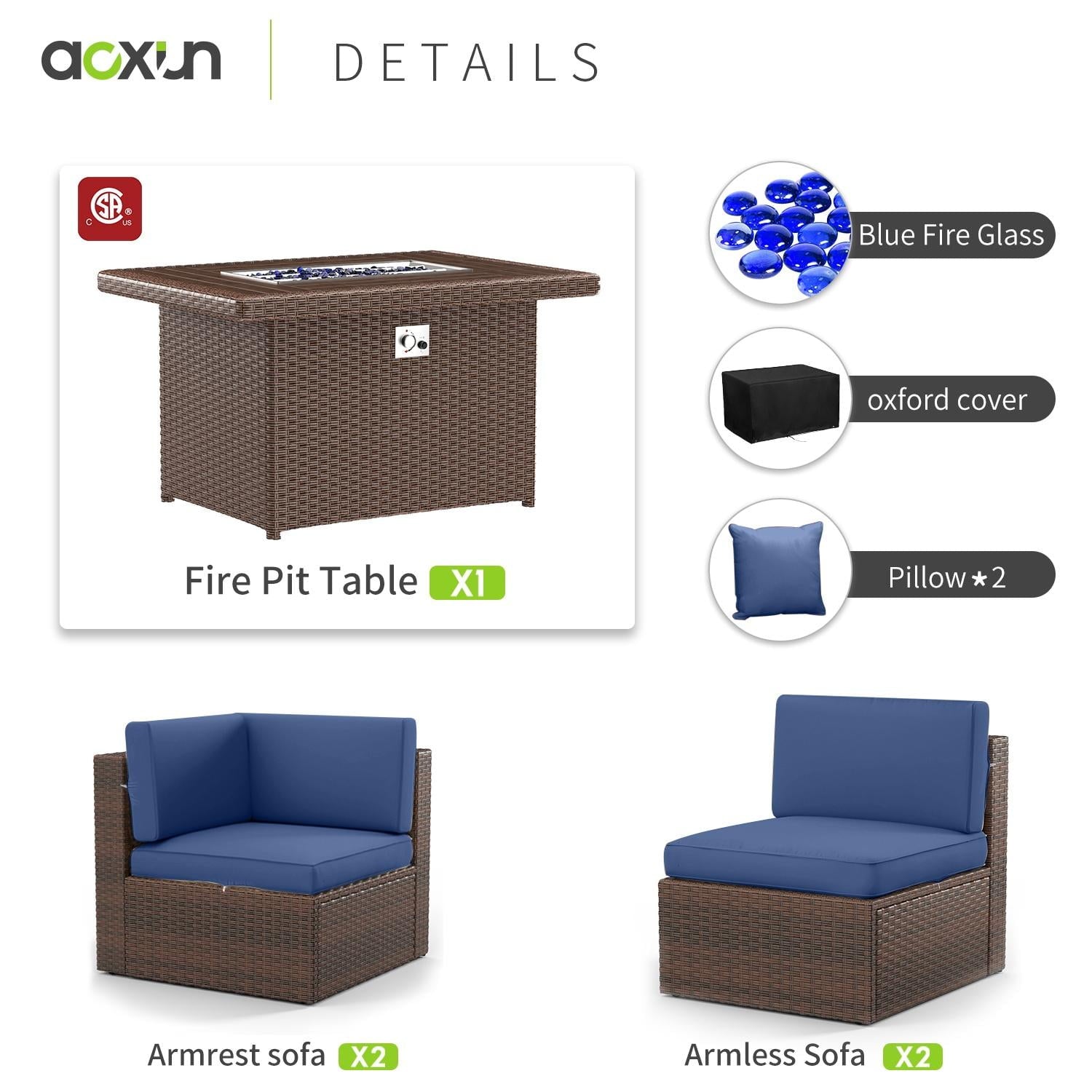 5 Piece Patio Furniture Set, Outdoor Patio Furniture Sets with Fire Pit, Wicker Patio Furniture, Outdoor Conversation Set with Blue Cushions