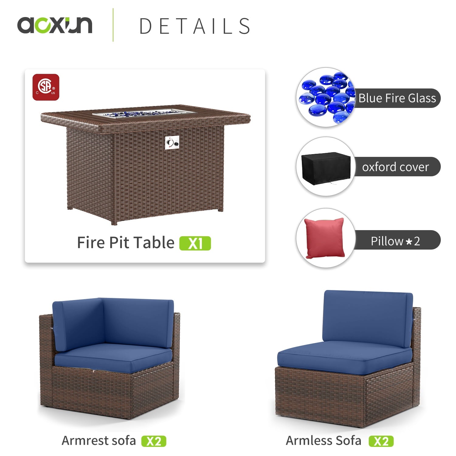 5 Piece Patio Furniture Set, Outdoor Patio Furniture Sets with Fire Pit, Wicker Patio Furniture, Outdoor Conversation Set with Blue Cushions