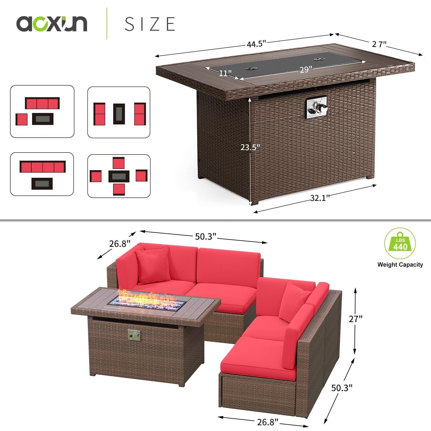 5 Piece Patio Furniture Set, Outdoor Patio Furniture Sets with Fire Pit, Wicker Patio Furniture, Outdoor Conversation Set with Red Cushions