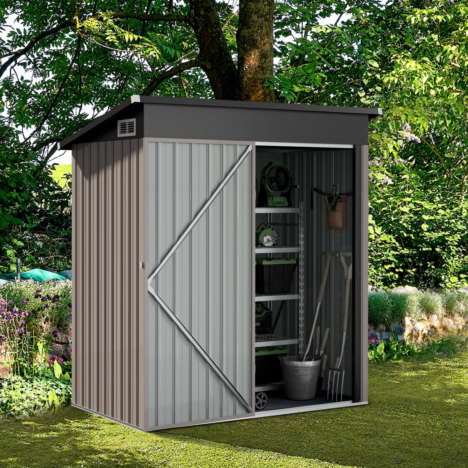 5 x 3 FT Outdoor Storage Shed, Metal Shed for Garden, Backyard, Patio, Brown