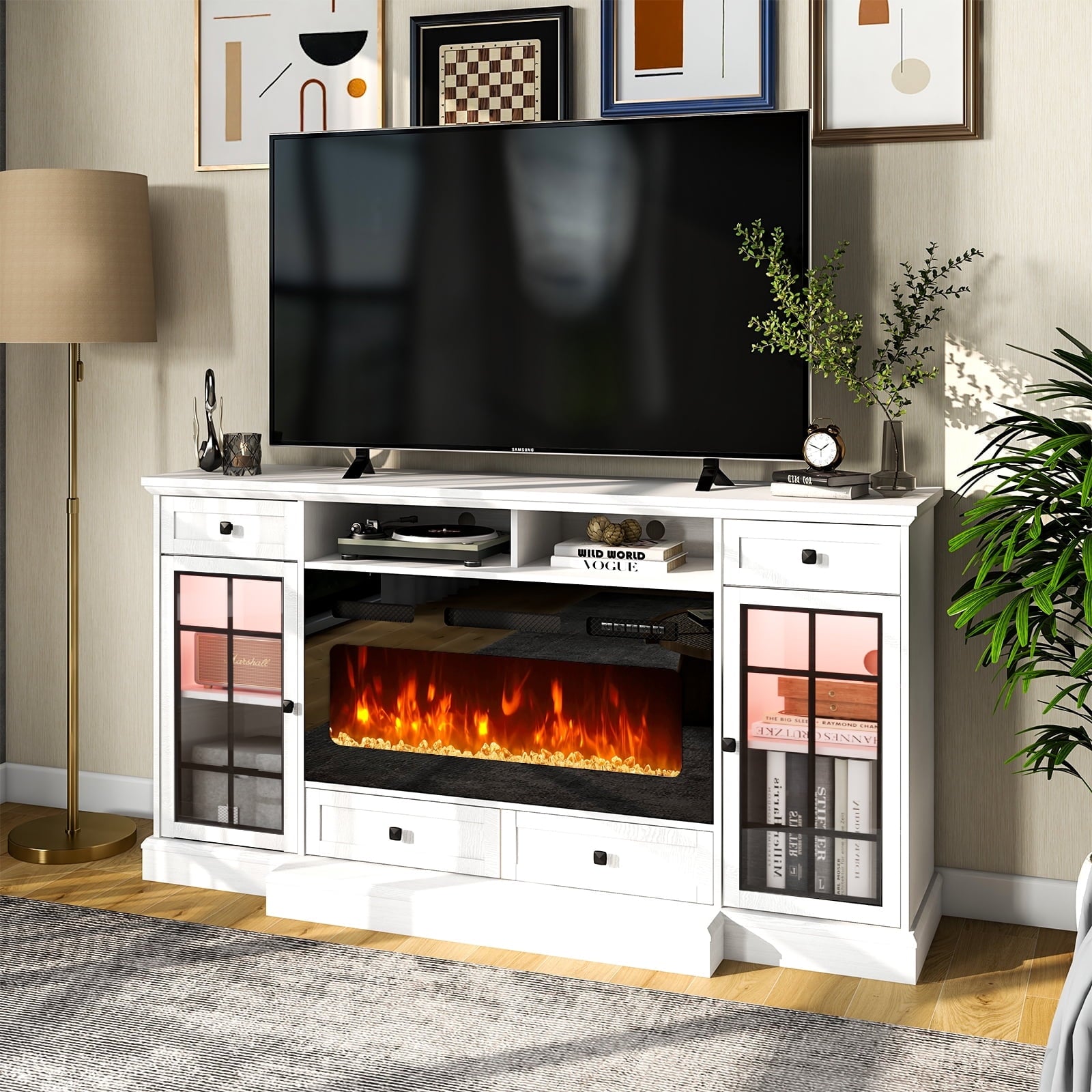 68" Fireplace TV Stand for TVs up to 80 Inch, Entertainment Center with 36" Electric Fireplace, Glass Doors, Media Console Cabinet for Living Room, White