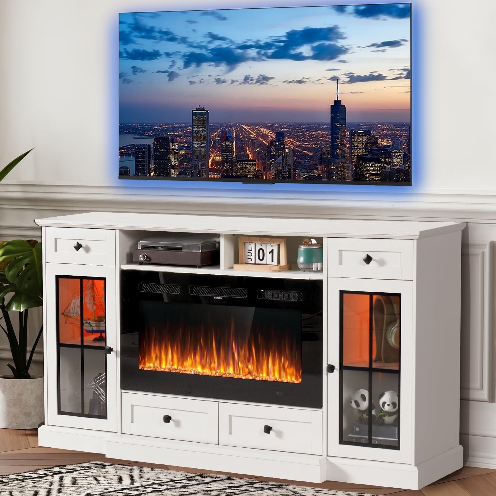 68” Fireplace TV Stand with 36" Electric Fireplace, Entertainment Center for TVs up to 78 Inch, Media Console Cabinet for Living Room, White