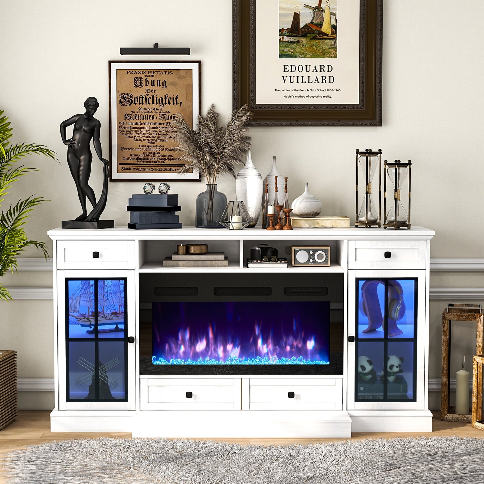 68" Fireplace TV Stand for TVs up to 80 Inch, Entertainment Center with 36" Electric Fireplace, Glass Doors, Media Console Cabinet for Living Room, White