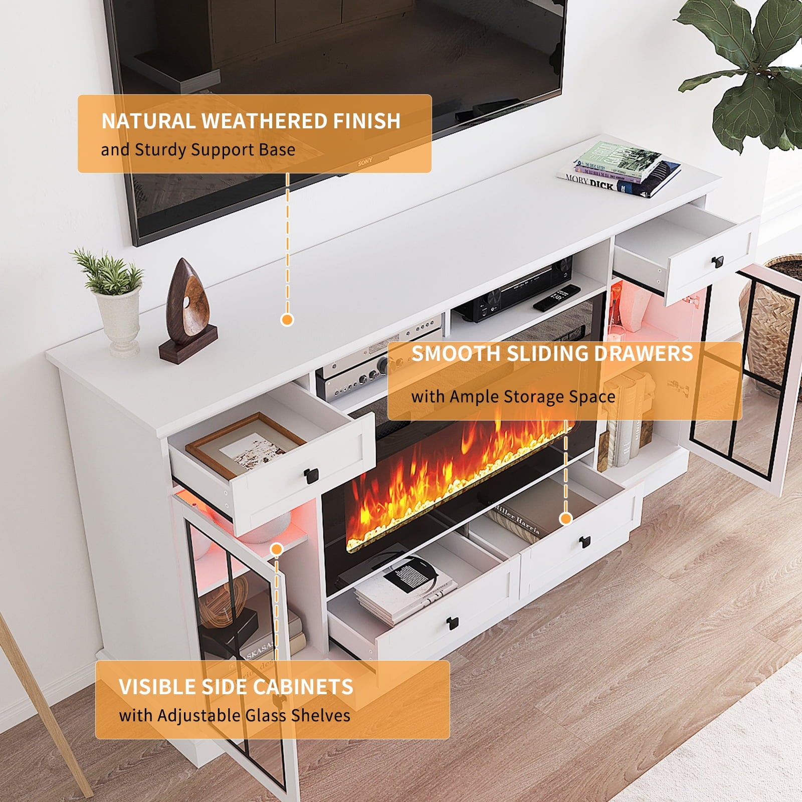 68" Fireplace TV Stand for TVs up to 80 Inch, Entertainment Center with 36" Electric Fireplace, Glass Doors, Media Console Cabinet for Living Room, White