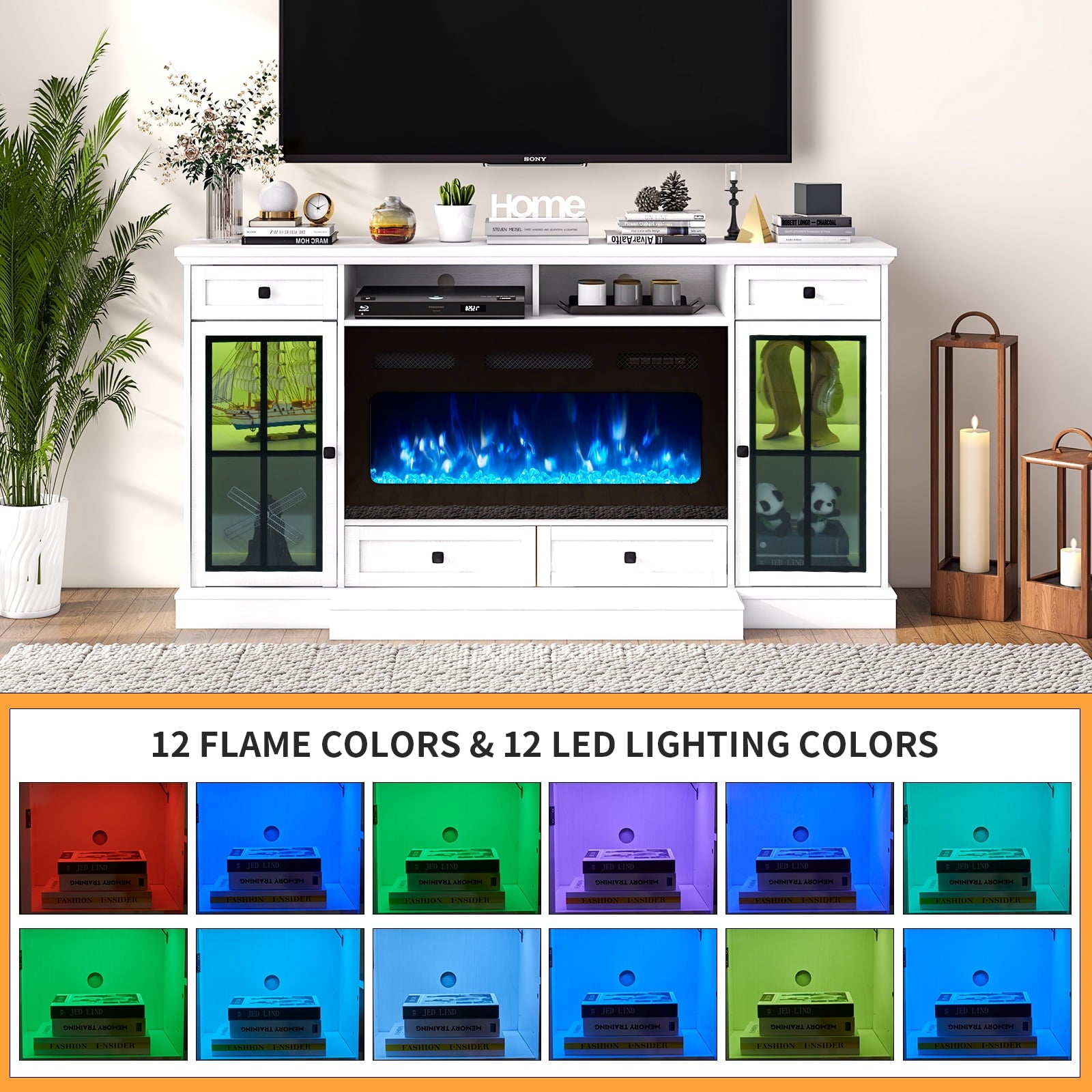 68" Fireplace TV Stand for TVs up to 80 Inch, Entertainment Center with 36" Electric Fireplace, Glass Doors, Media Console Cabinet for Living Room, White