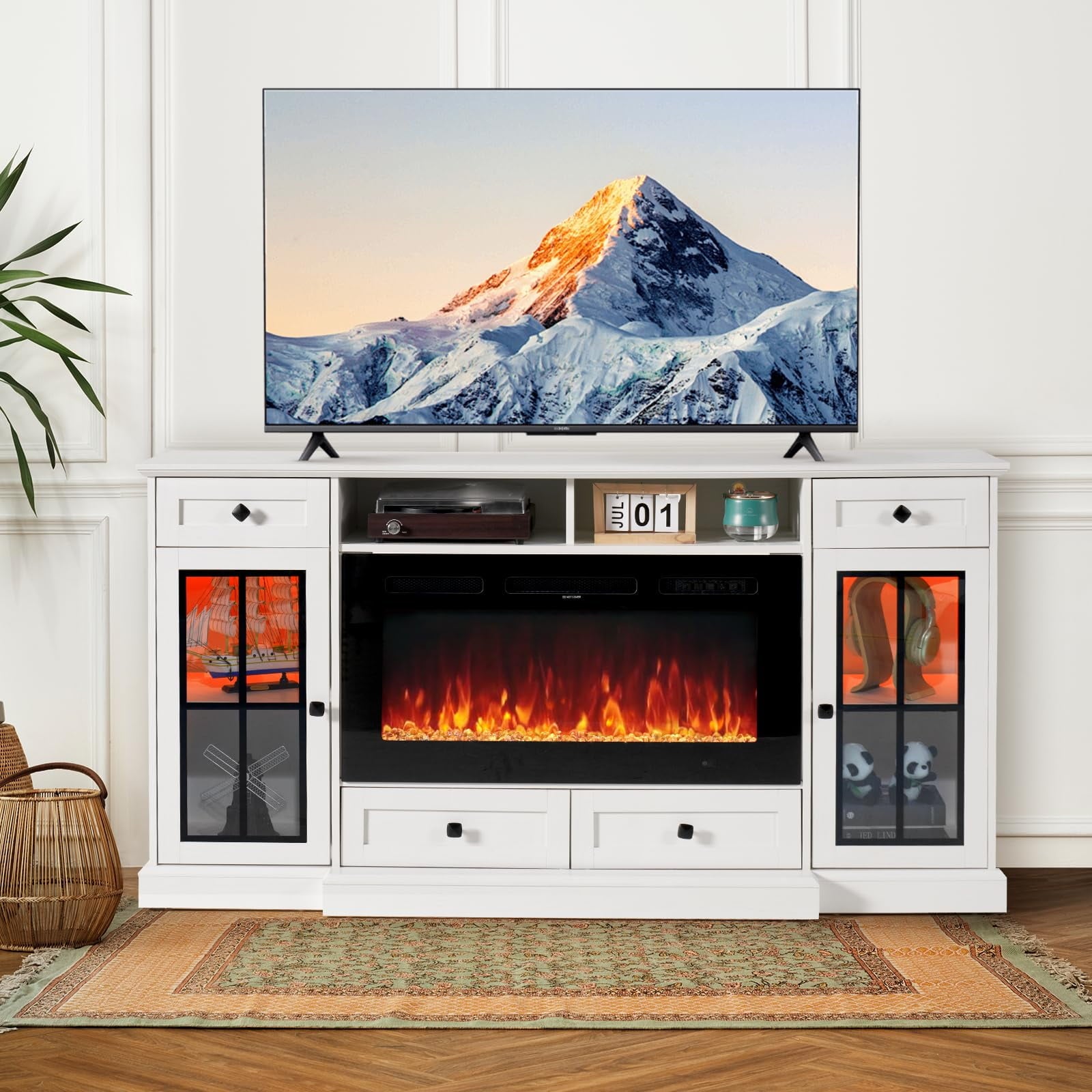 68” Fireplace TV Stand with 36" Electric Fireplace, Entertainment Center for TVs up to 78 Inch, Media Console Cabinet for Living Room, White