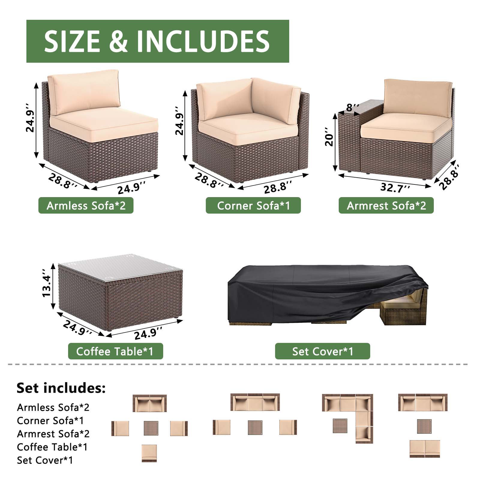 6Pcs Outdoor Patio Furniture Set, PE Wicker Outdoor Conversation Set With Coffee Table-Beige(with Waterproof Cover)