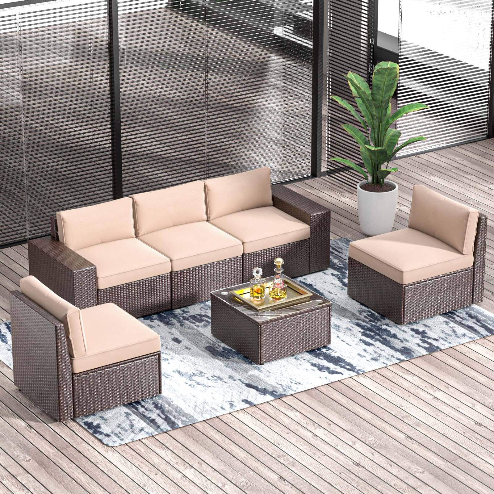 6Pcs Outdoor Patio Furniture Set, PE Wicker Outdoor Conversation Set With Coffee Table-Beige(with Waterproof Cover)