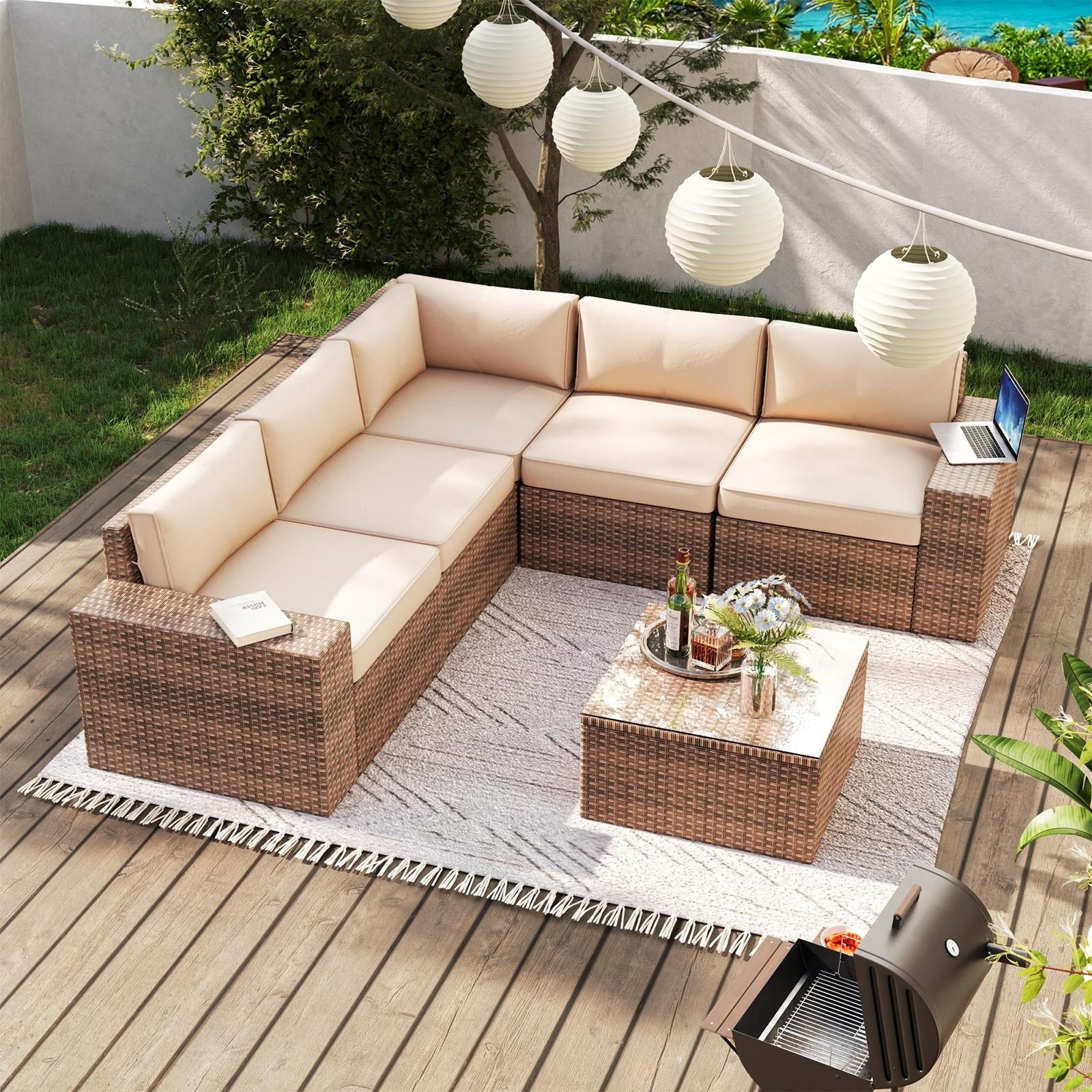 6 Pieces Patio Furniture Sets, Outdoor Sectional Rattan Sofa Set, Patio Furniture Set with Coffee Table, Beige