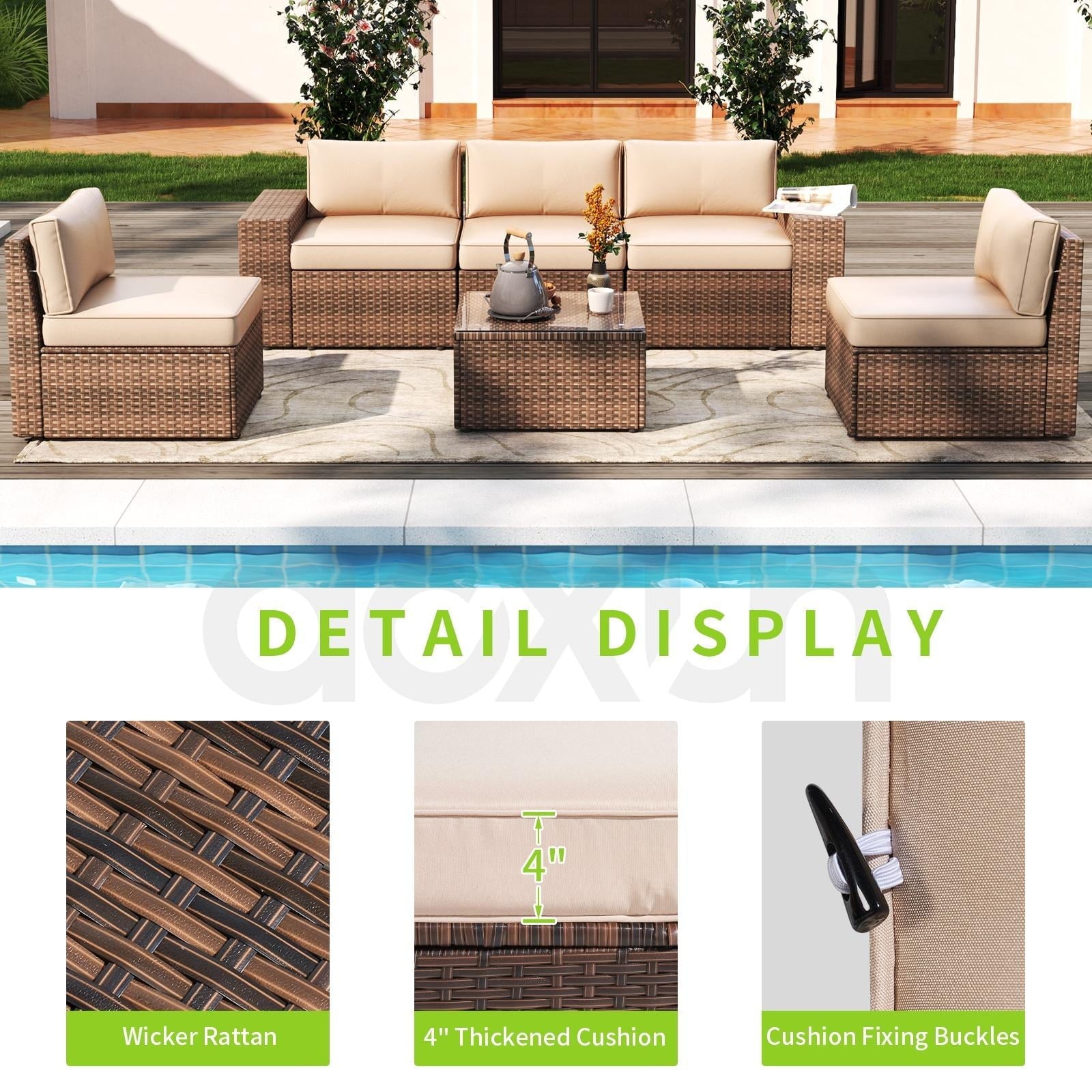 6 Pieces Patio Furniture Sets, Outdoor Sectional Rattan Sofa Set, Patio Furniture Set with Coffee Table, Beige