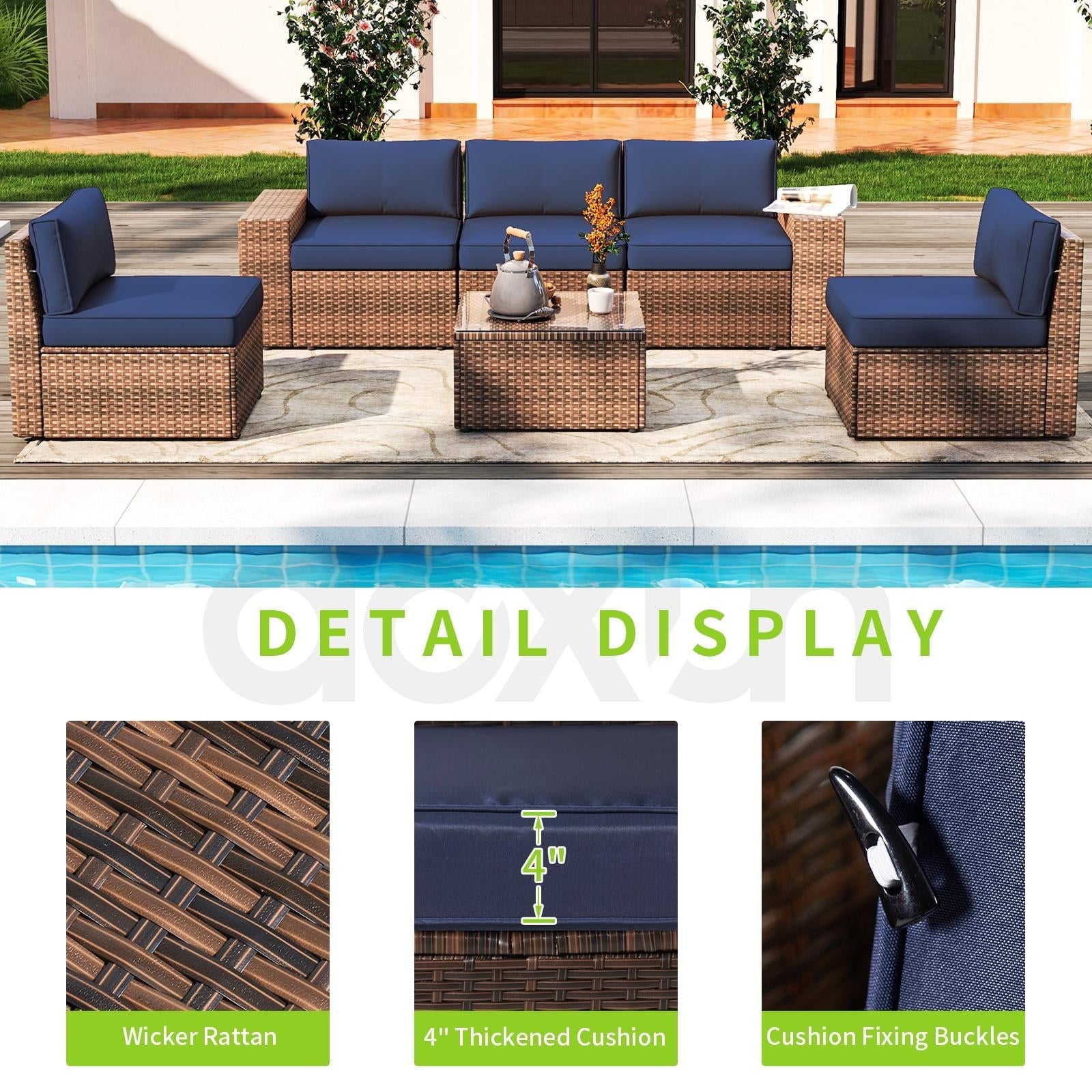 6 Pieces Patio Furniture Sets, Outdoor Sectional Rattan Sofa Set, Patio Furniture Set with Coffee Table, Blue