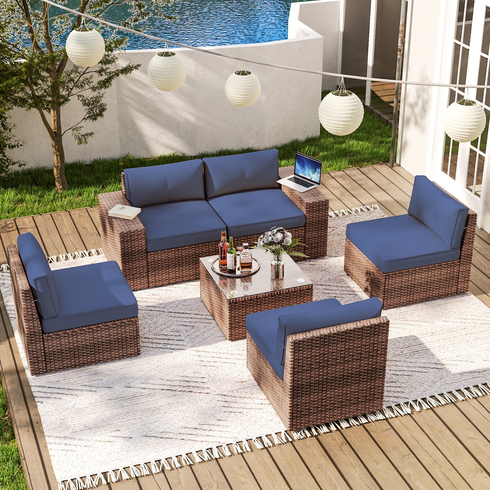 6 Pieces Patio Furniture Sets With Waterproof Cover, Outdoor Sectional Rattan Sofa Set, Outdoor Furniture Set with Coffee Table, Blue