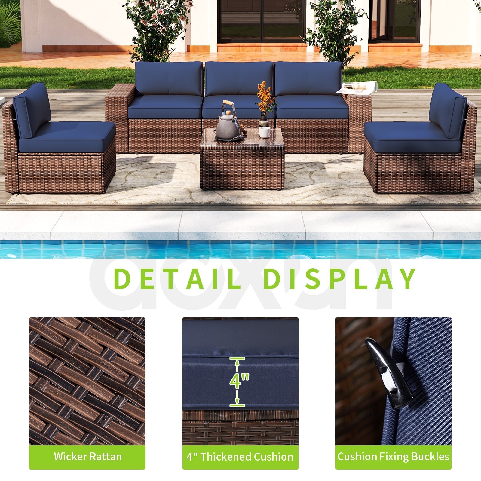 6 Pieces Patio Furniture Sets With Waterproof Cover, Outdoor Sectional Rattan Sofa Set, Outdoor Furniture Set with Coffee Table, Blue