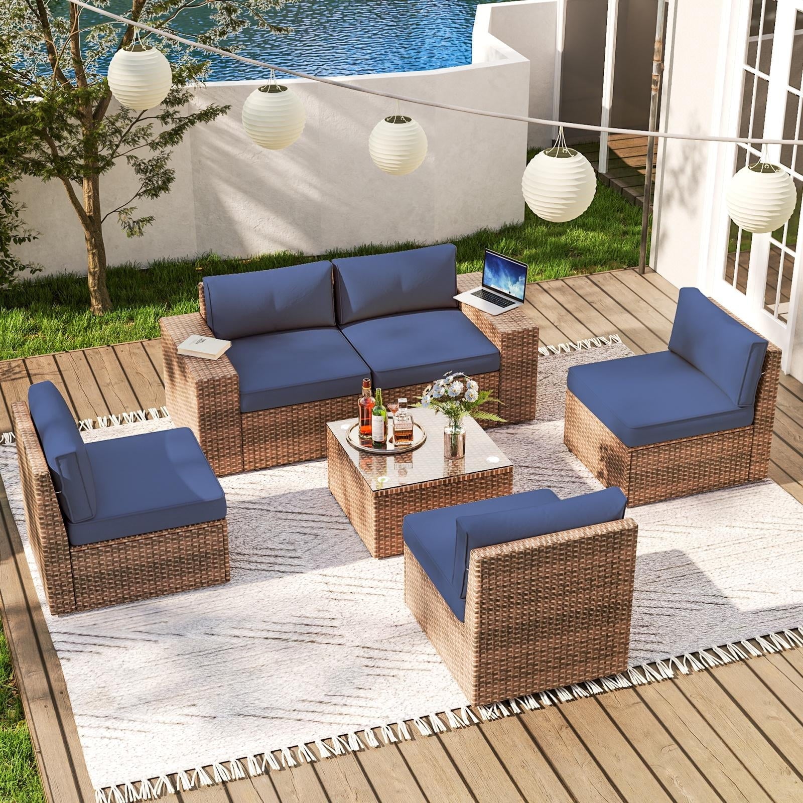 6 Pieces Patio Furniture Sets, Outdoor Sectional Rattan Sofa Set, Patio Furniture Set with Coffee Table, Blue