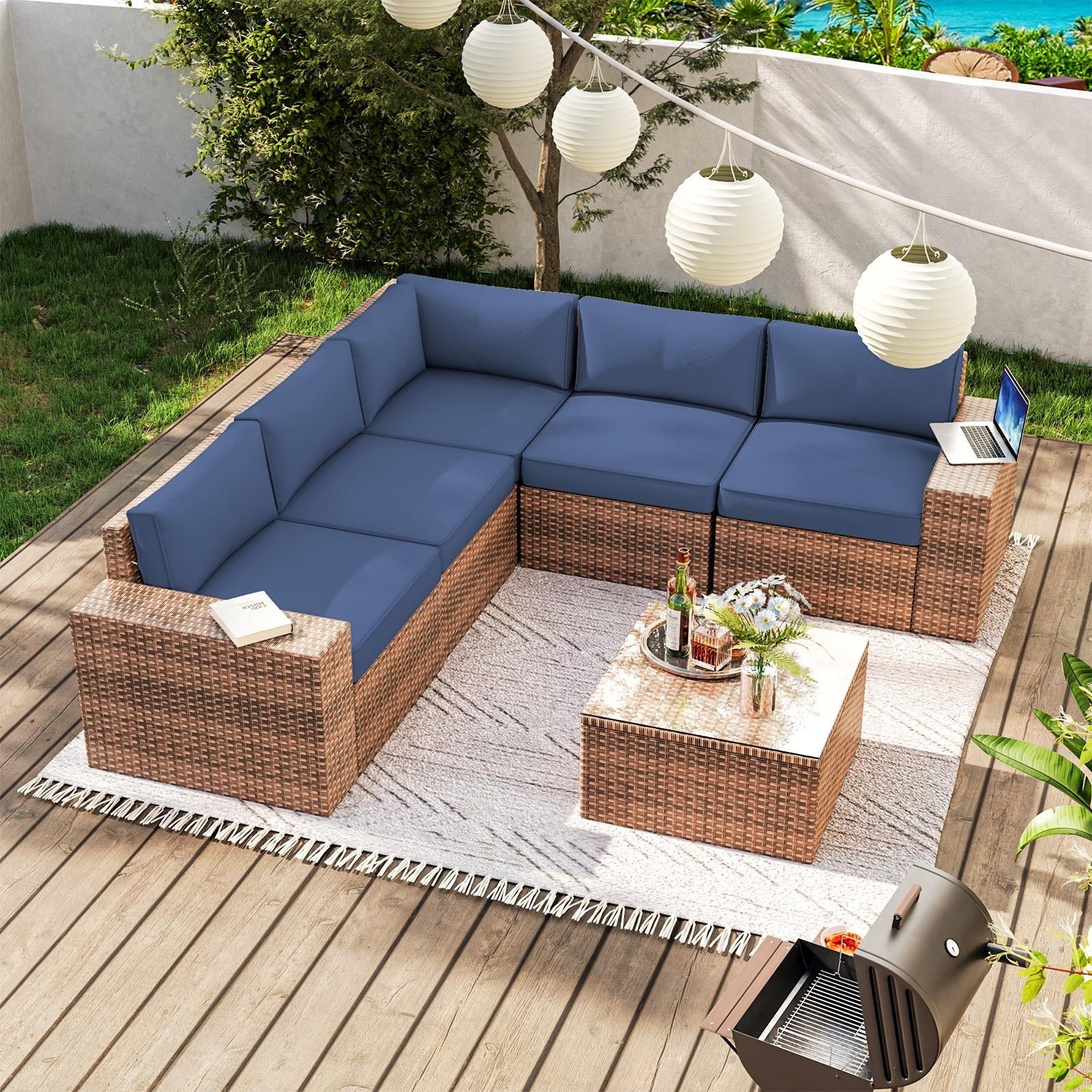 6 Pieces Patio Furniture Sets, Outdoor Sectional Rattan Sofa Set, Patio Furniture Set with Coffee Table, Blue