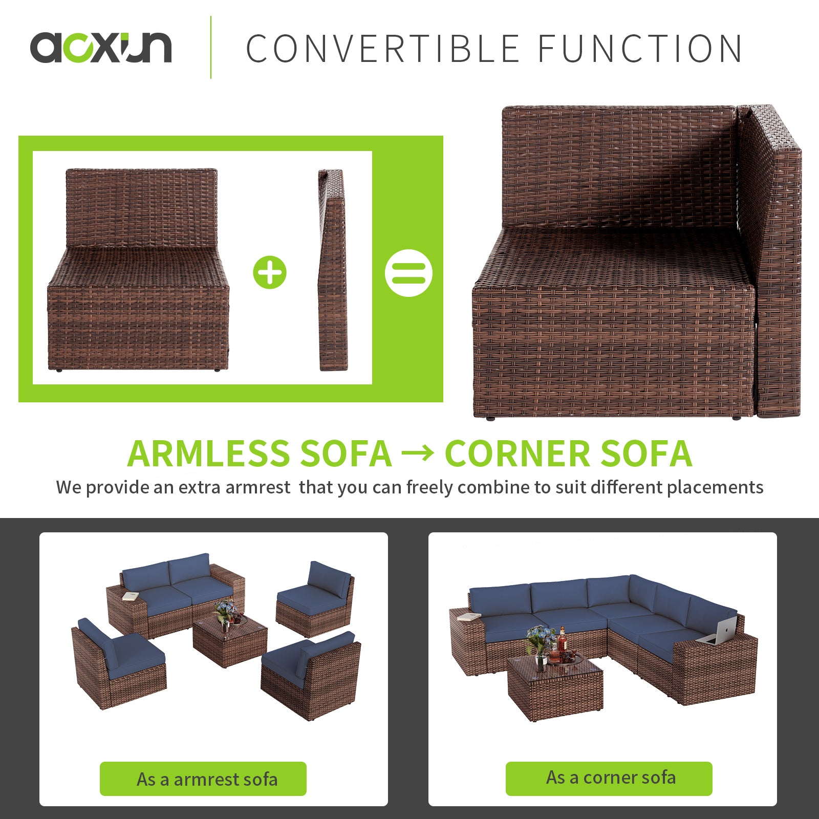 6 Pieces Patio Furniture Sets With Waterproof Cover, Outdoor Sectional Rattan Sofa Set, Outdoor Furniture Set with Coffee Table, Blue