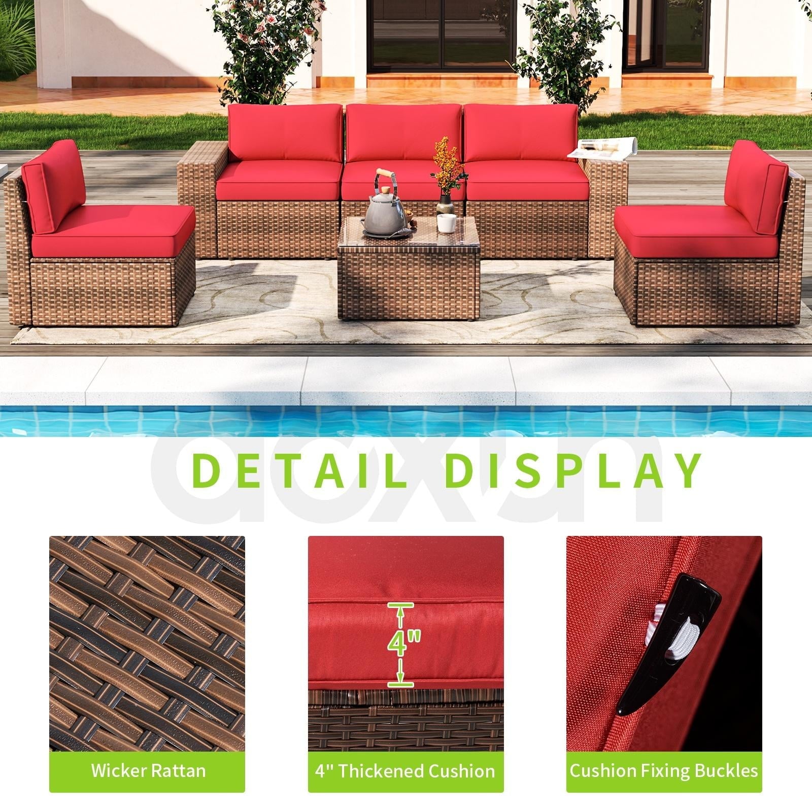 6 Pieces Patio Furniture Sets, Outdoor Sectional Rattan Sofa Set, Patio Furniture Set with Coffee Table, Red