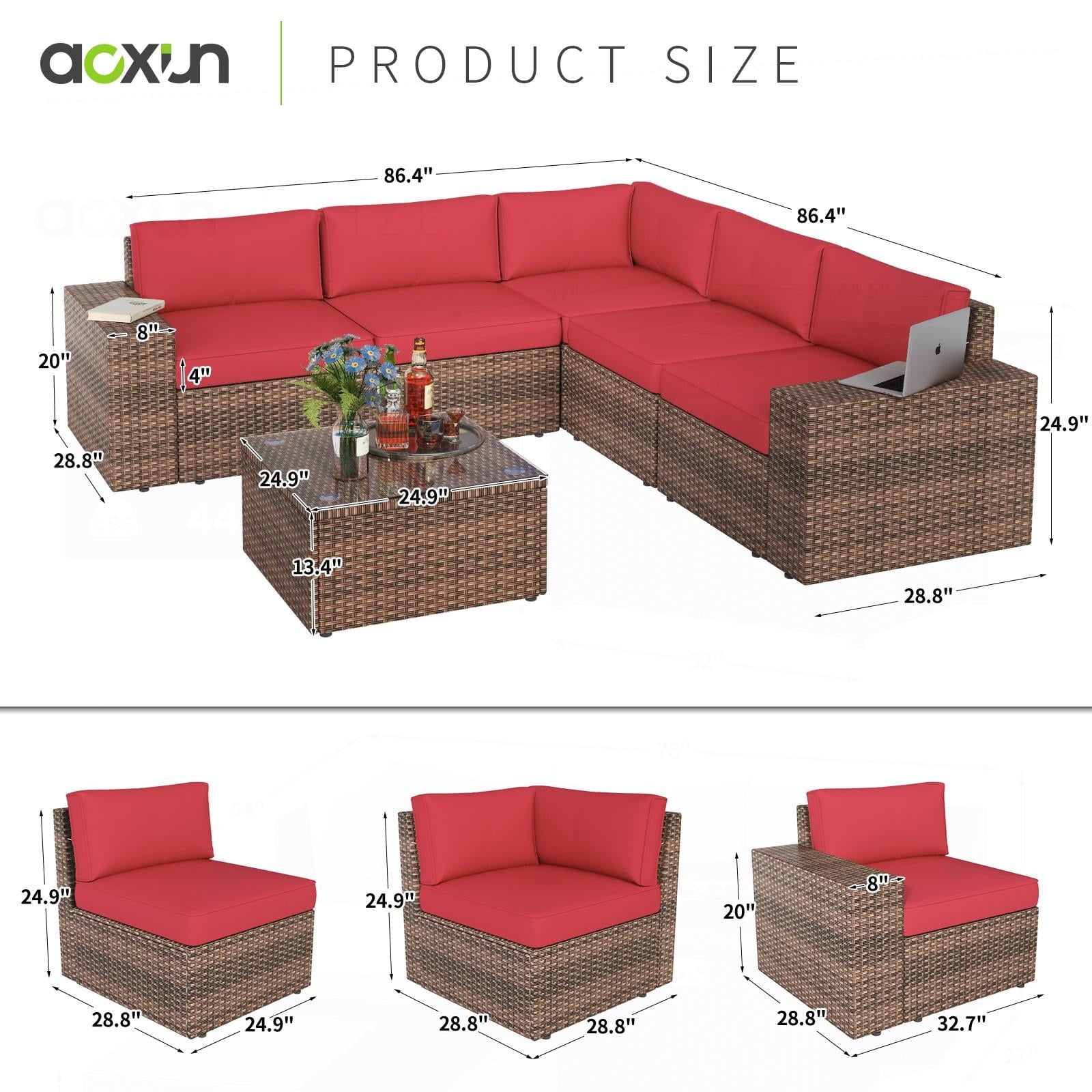 6 Pieces Patio Furniture Sets, Outdoor Sectional Rattan Sofa Set, Patio Furniture Set with Coffee Table, Red