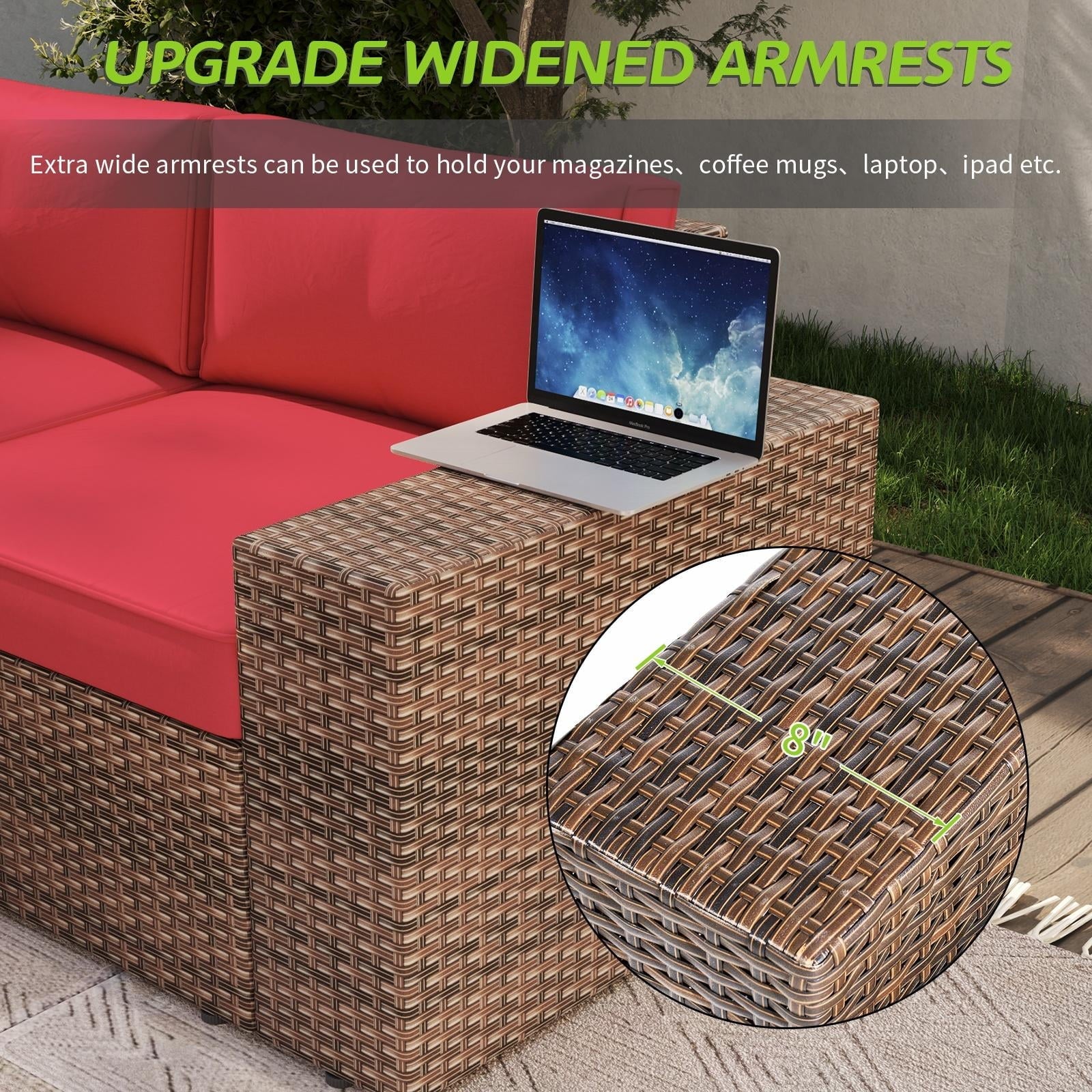 6 Pieces Patio Furniture Sets, Outdoor Sectional Rattan Sofa Set, Patio Furniture Set with Coffee Table, Red