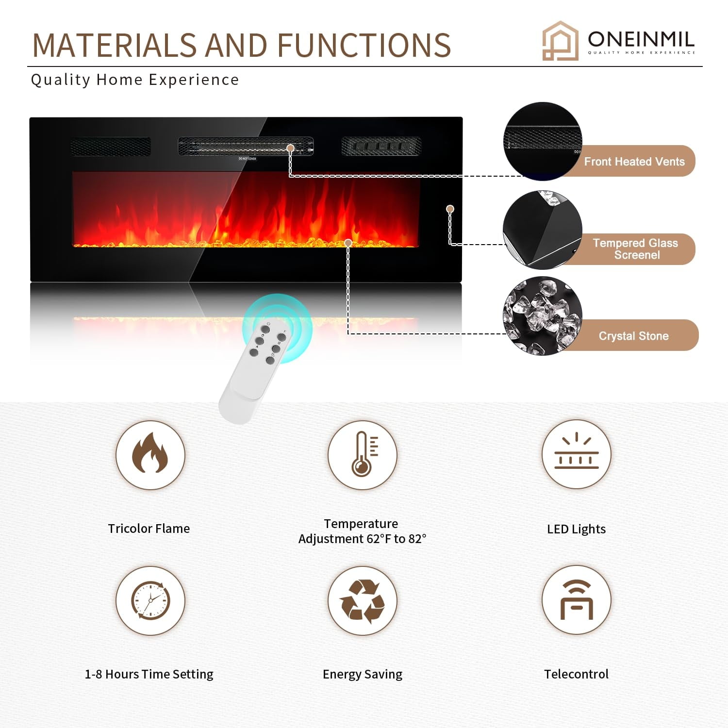 Fireplace TV Stand, Entertainment Center for TVs up to 80", 70” TV Stand with 36'' Electric Fireplace, LED Lights Entertainment Center, TV Console, Black