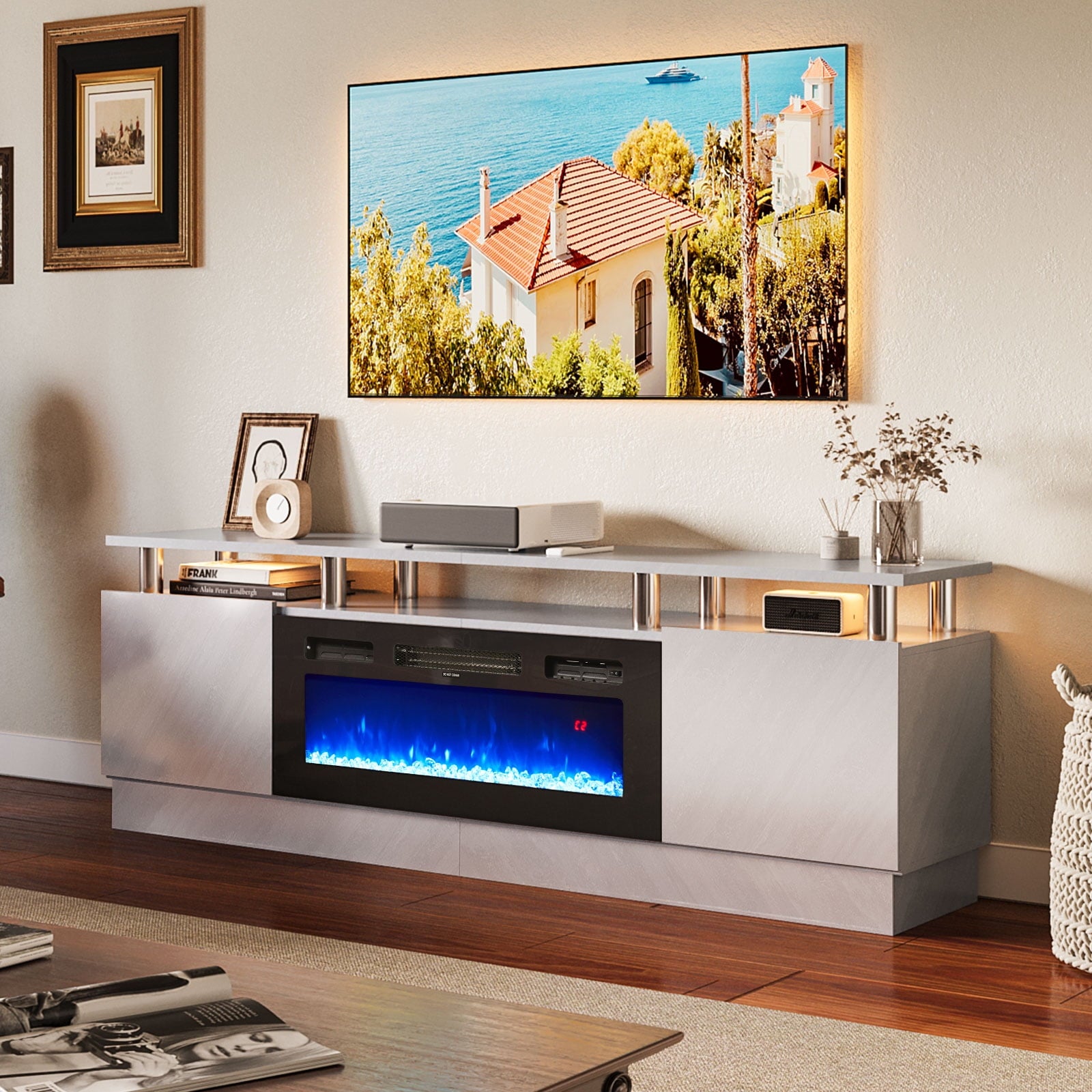 Fireplace TV Stand, Entertainment Center for TVs up to 80", 70" TV Stand with 36" Electric Fireplace, LED Lights Entertainment Center, TV Console, Grey