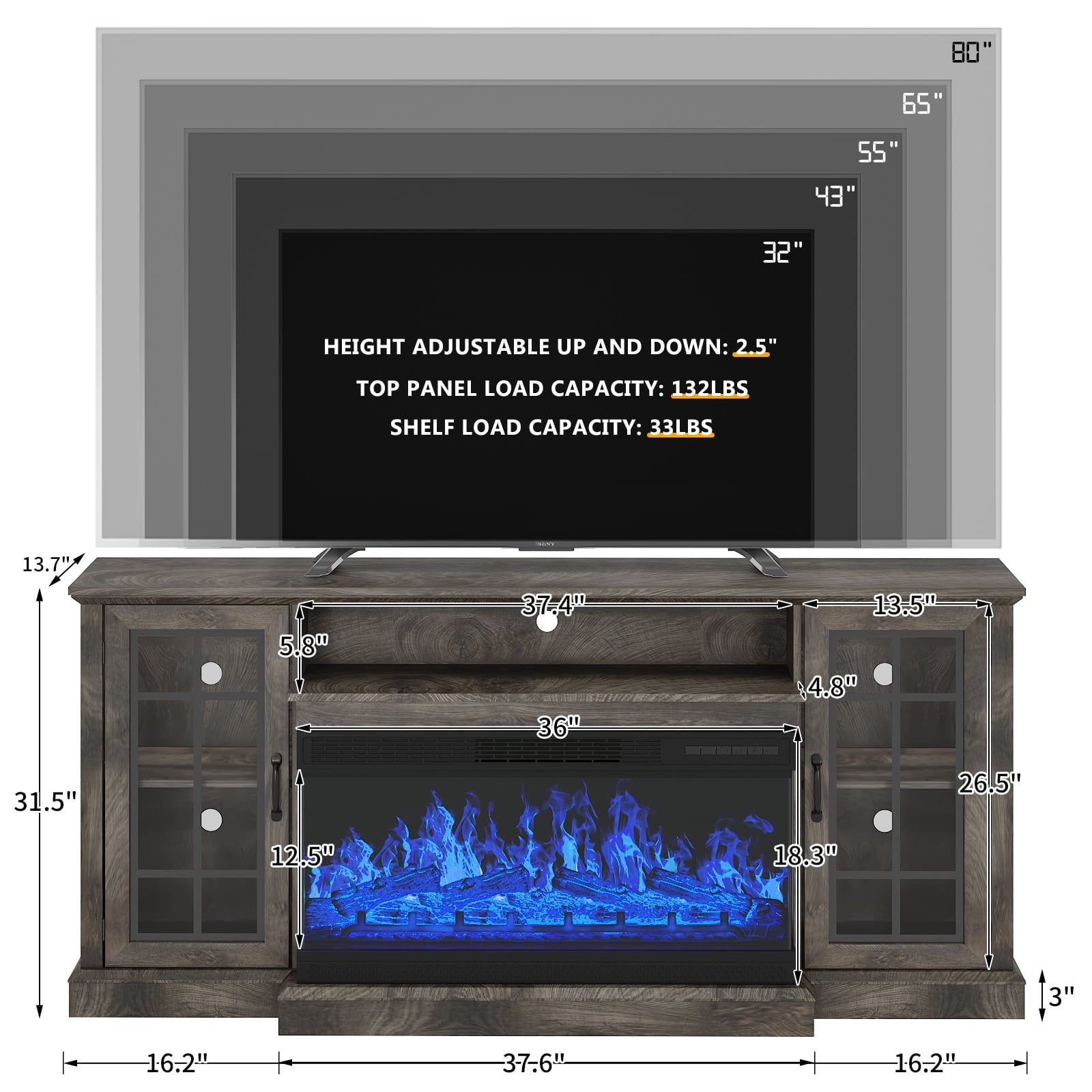 36 Inch Fireplace TV Stand for TVs up to 80", LED Light Entertainment Center with 3-Sided Glass Fireplace, TV Console, Gray