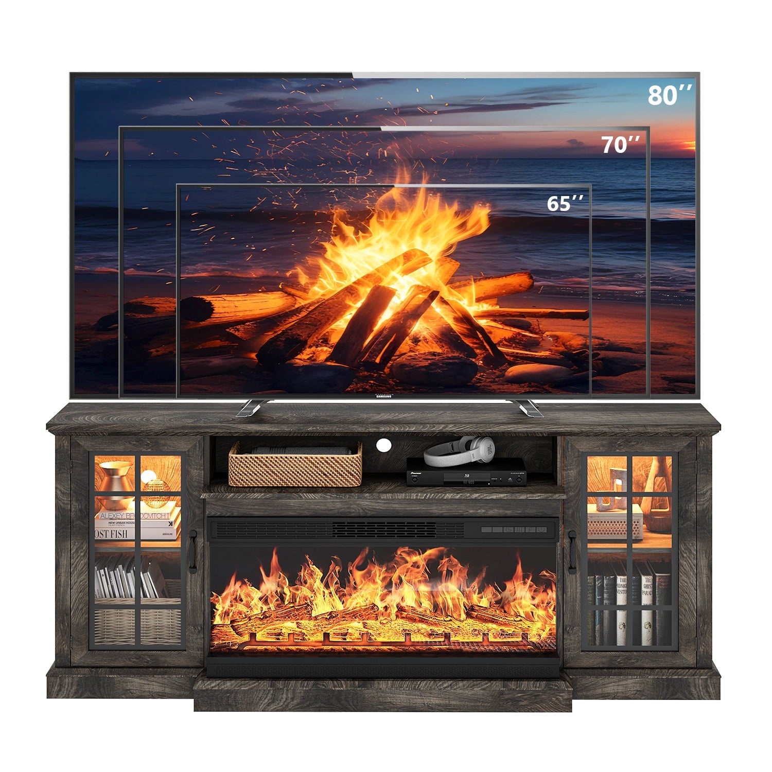Farmhouse TV Stand with 24" Big Fireplace, for TVs up to 65", Fireplace Entertainment Center, Grey