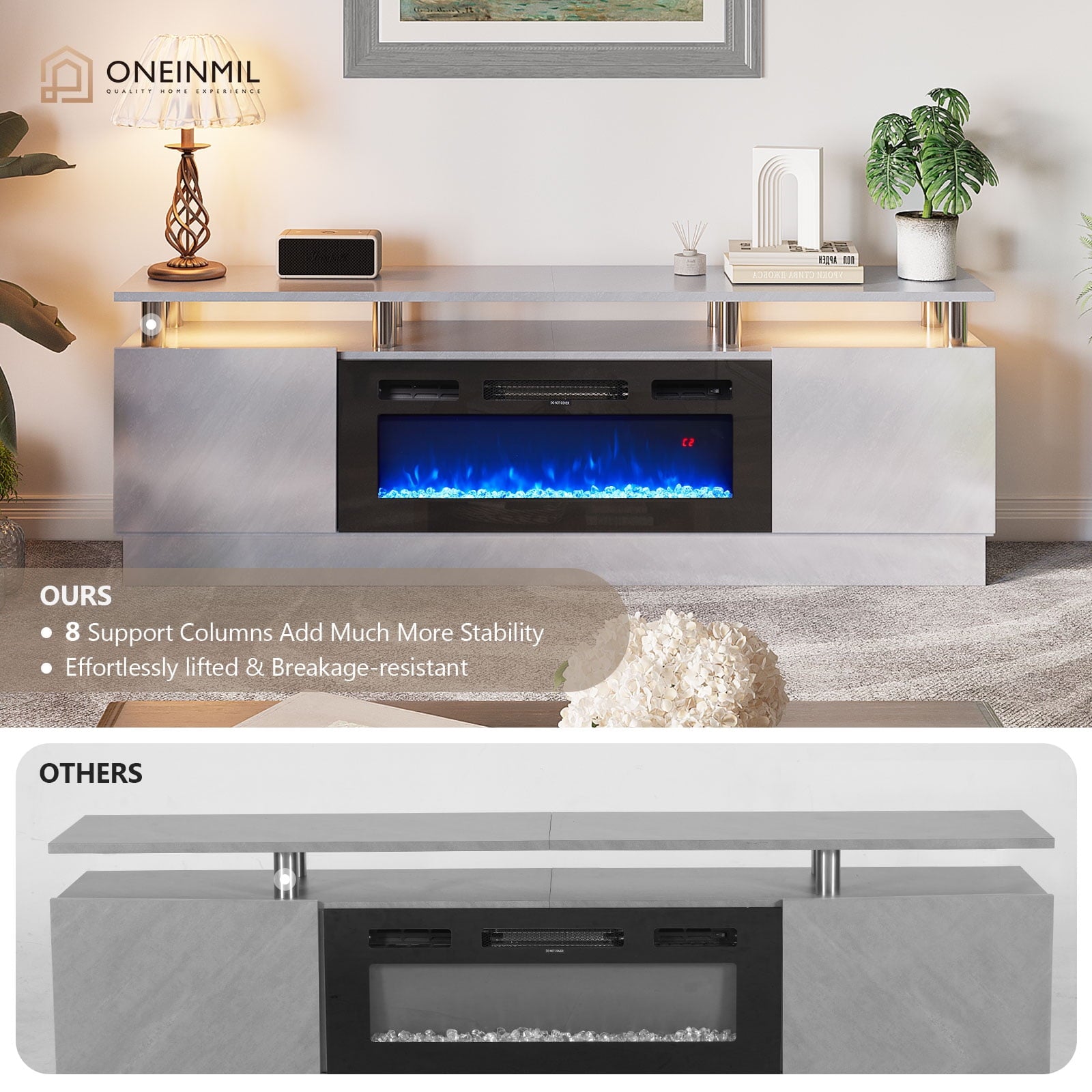 Fireplace TV Stand, Entertainment Center for TVs up to 80", 70" TV Stand with 36" Electric Fireplace, LED Lights Entertainment Center, TV Console, Grey