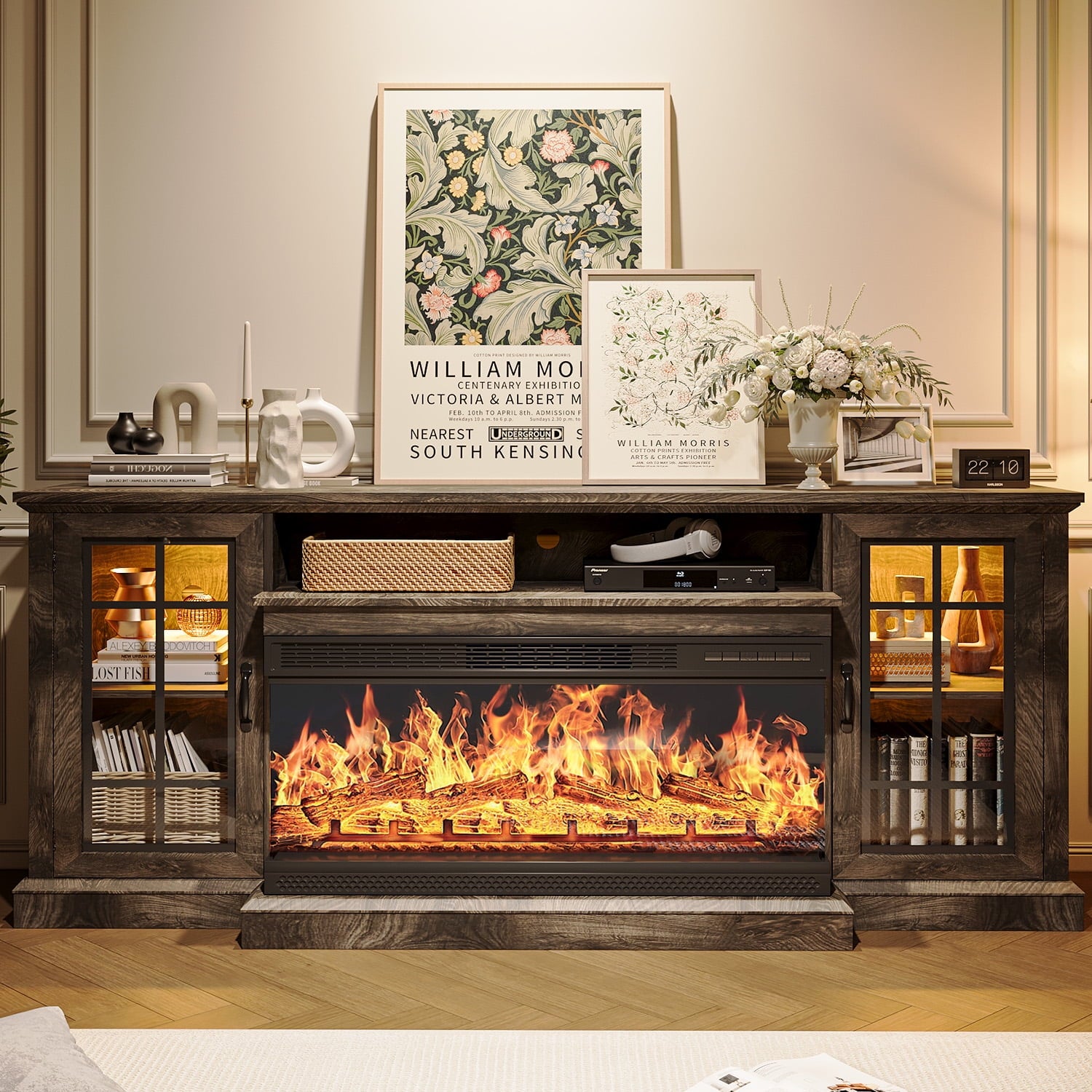 Farmhouse TV Stand with 24" Big Fireplace, for TVs up to 65", Fireplace Entertainment Center, Grey