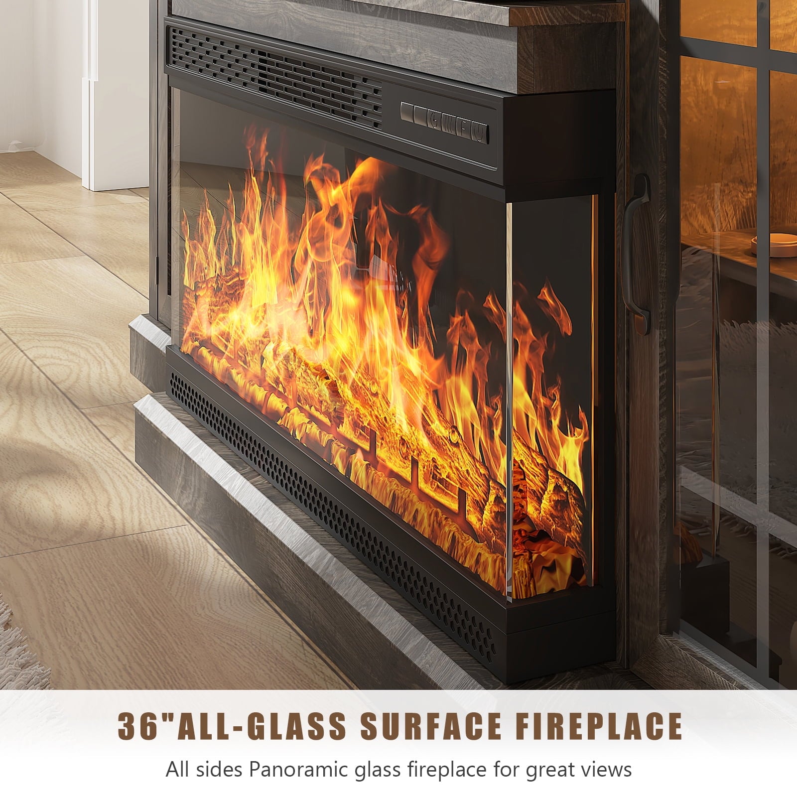 36 Inch Fireplace TV Stand for TVs up to 80", LED Light Entertainment Center with 3-Sided Glass Fireplace, TV Console, Gray