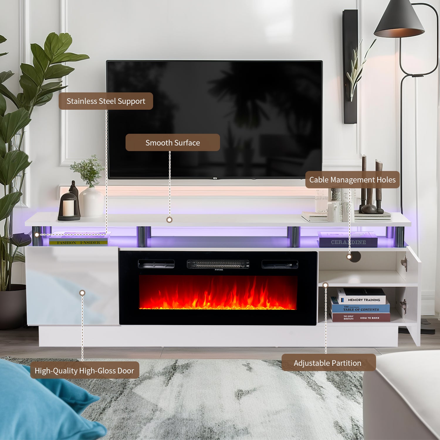 Fireplace TV Stand, Entertainment Center for TVs up to 80", 70” TV Stand with 36'' Electric Fireplace, LED Lights Entertainment Center, TV Console, White
