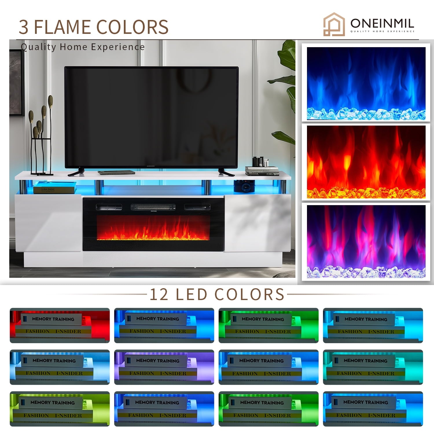 Fireplace TV Stand, Entertainment Center for TVs up to 80", 70” TV Stand with 36'' Electric Fireplace, LED Lights Entertainment Center, TV Console, White