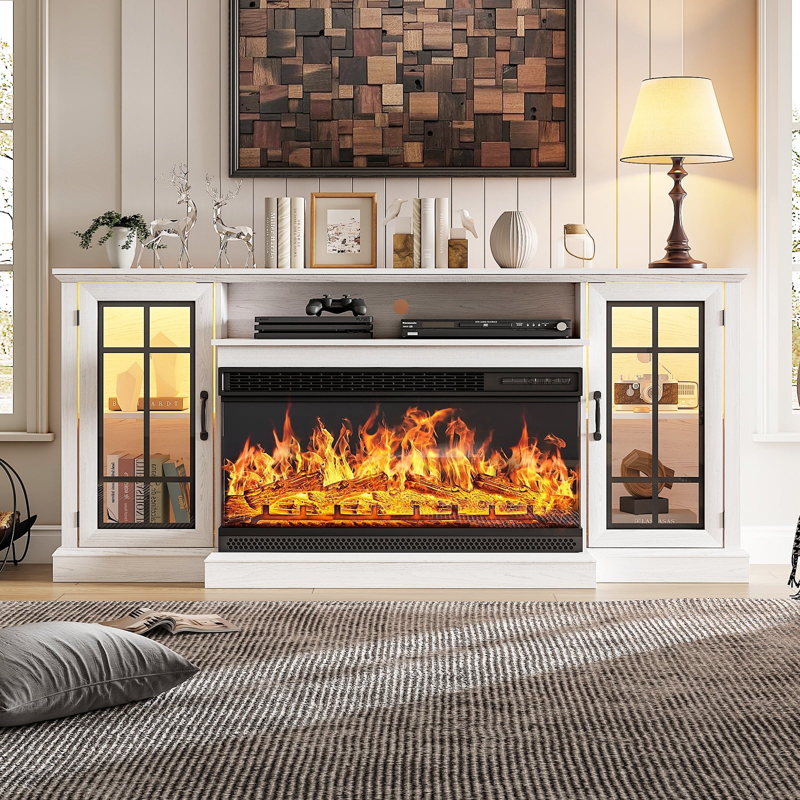 36 Inch Fireplace TV Stand for TVs up to 80", LED Light Entertainment Center with 3-Sided Glass Fireplace, TV Console, White