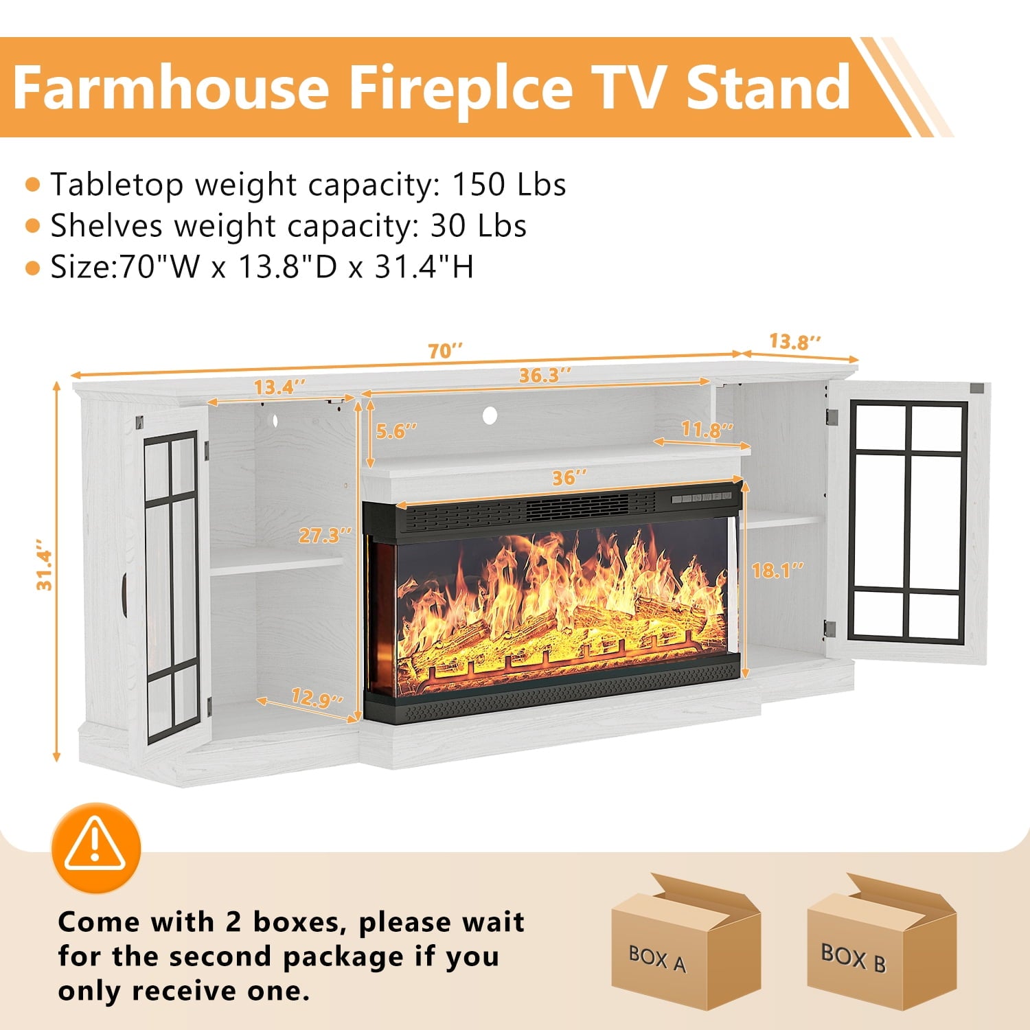 36 Inch Fireplace TV Stand with LED Light, Entertainment Center with 3-Sided Glass Fireplace for TVs up to 80", TV Console, White