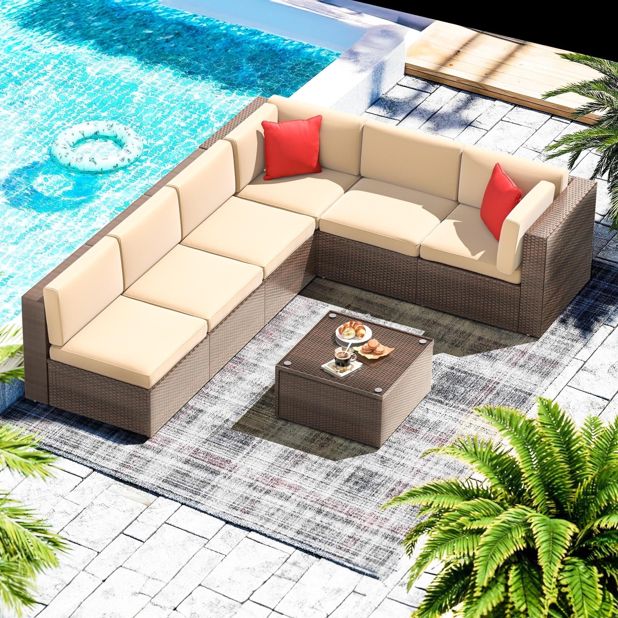 7pcs Patio Conversation Set, Outdoor Rattan Wicker Furniture Set All-Weather Sectional Sofa Set with Coffee Table, Beige