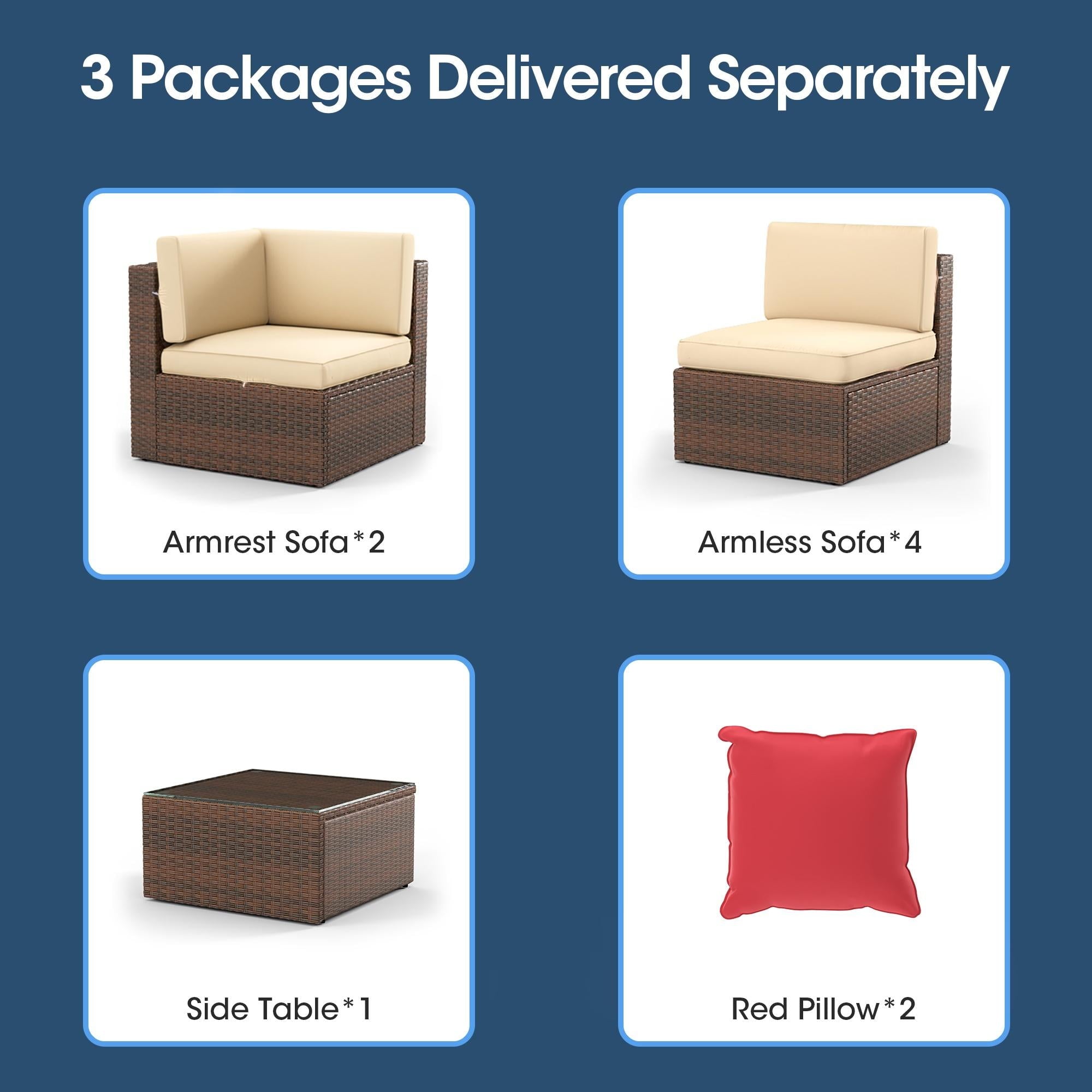 7pcs Patio Conversation Set, Outdoor Rattan Wicker Furniture Set All-Weather Sectional Sofa Set with Coffee Table, Beige