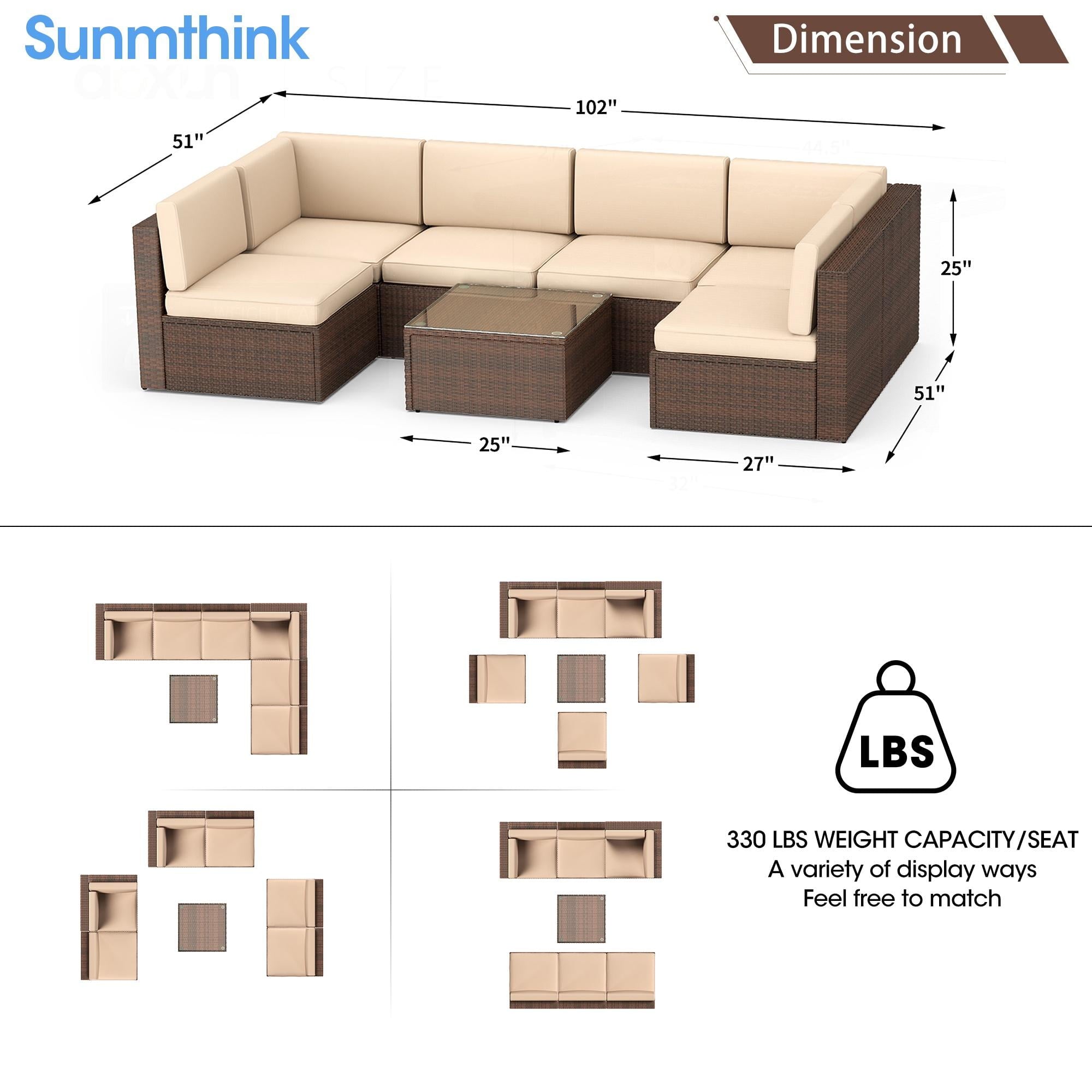 7pcs Patio Conversation Set, Outdoor Rattan Wicker Furniture Set All-Weather Sectional Sofa Set with Coffee Table, Beige