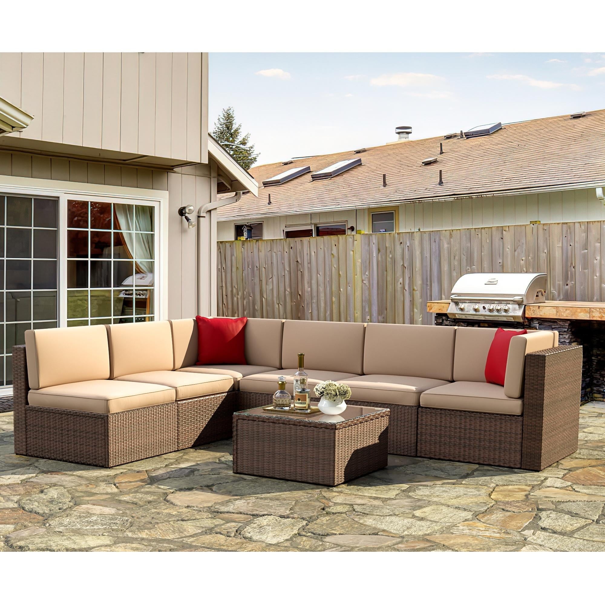 7pcs Patio Conversation Set, Outdoor Rattan Wicker Furniture Set All-Weather Sectional Sofa Set with Coffee Table, Beige