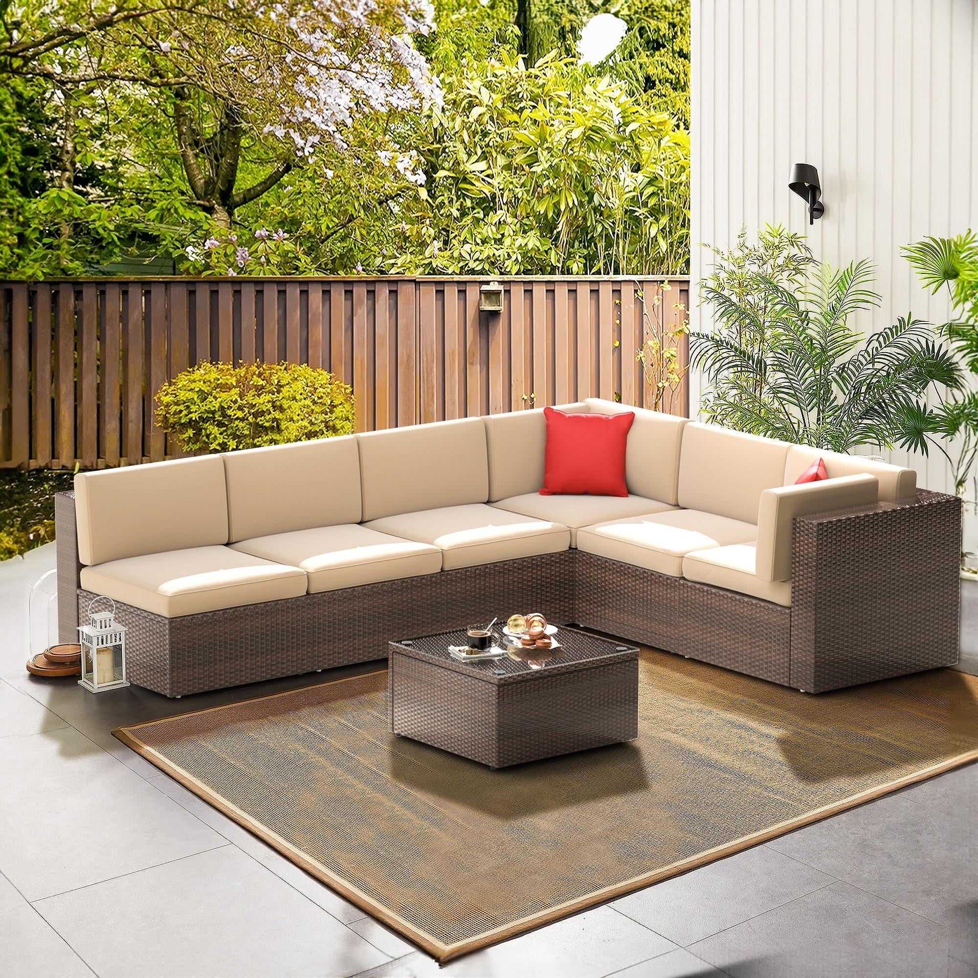 7pcs Patio Conversation Set, Outdoor Rattan Wicker Furniture Set All-Weather Sectional Sofa Set with Coffee Table, Beige