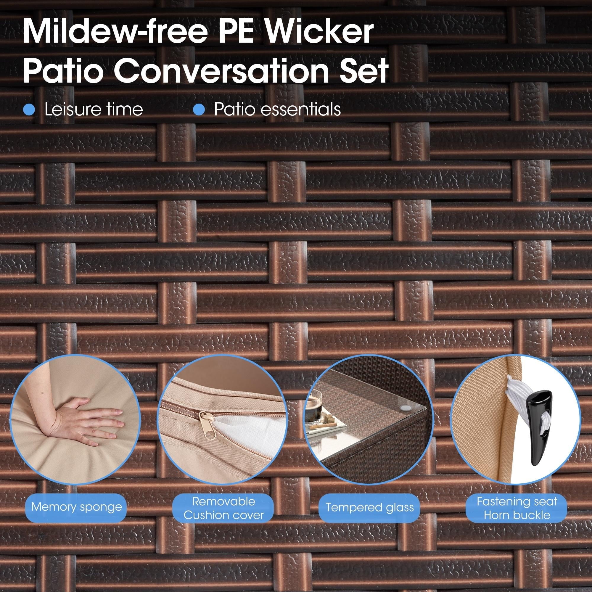 7pcs Patio Conversation Set, Outdoor Rattan Wicker Furniture Set All-Weather Sectional Sofa Set with Coffee Table, Beige