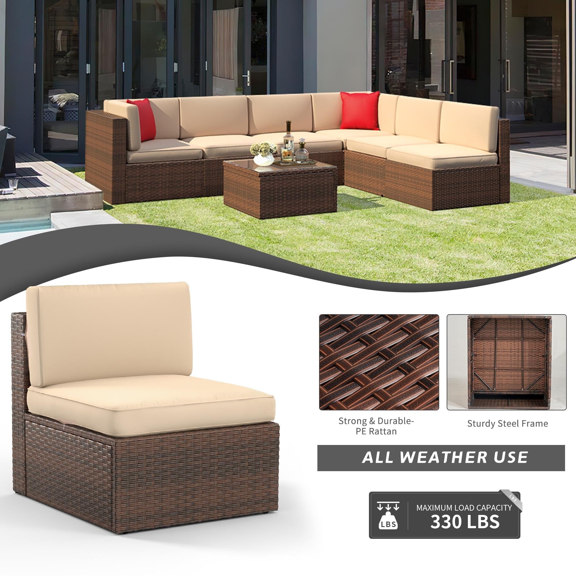 7pcs Patio Conversation Set, Outdoor Rattan Wicker Furniture Set All-Weather Sectional Sofa Set with Coffee Table, Beige