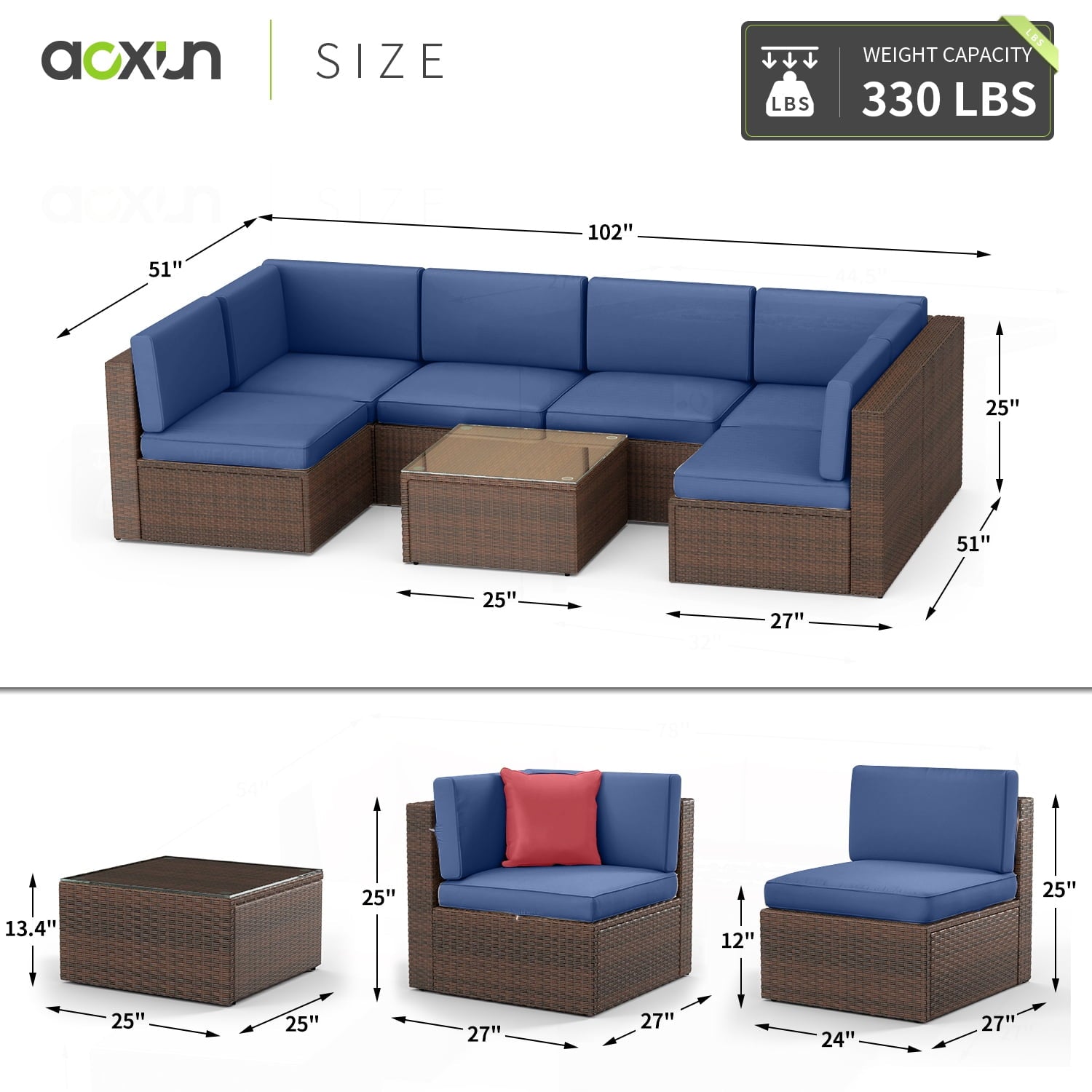 7 Piece Patio Furniture Set, Outdoor Patio Furniture Sets, Wicker Patio Furniture, Outdoor Conversation Set with Blue Cushions