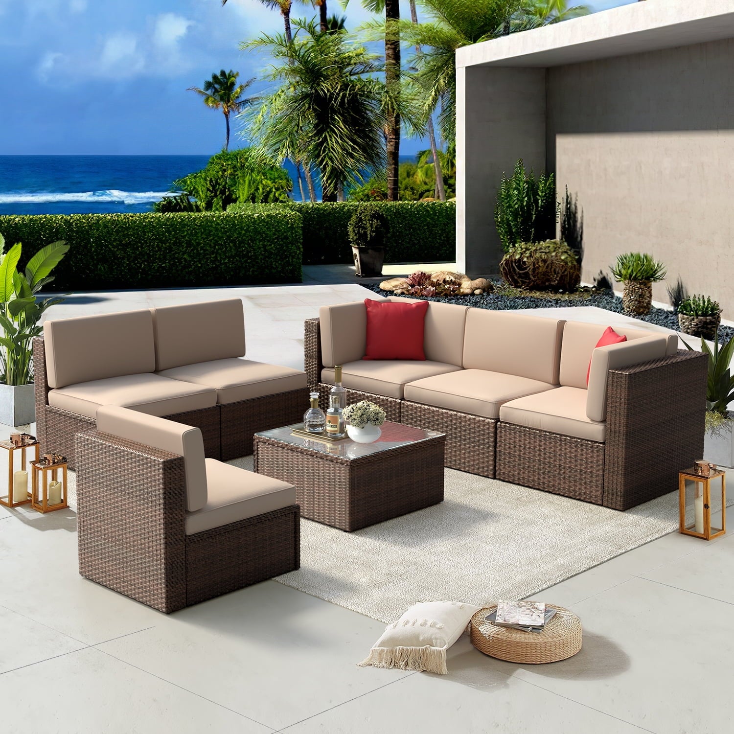 7 Pcs Patio Furniture Sets with Coffee Table,Patio Conversation Sets,Brown