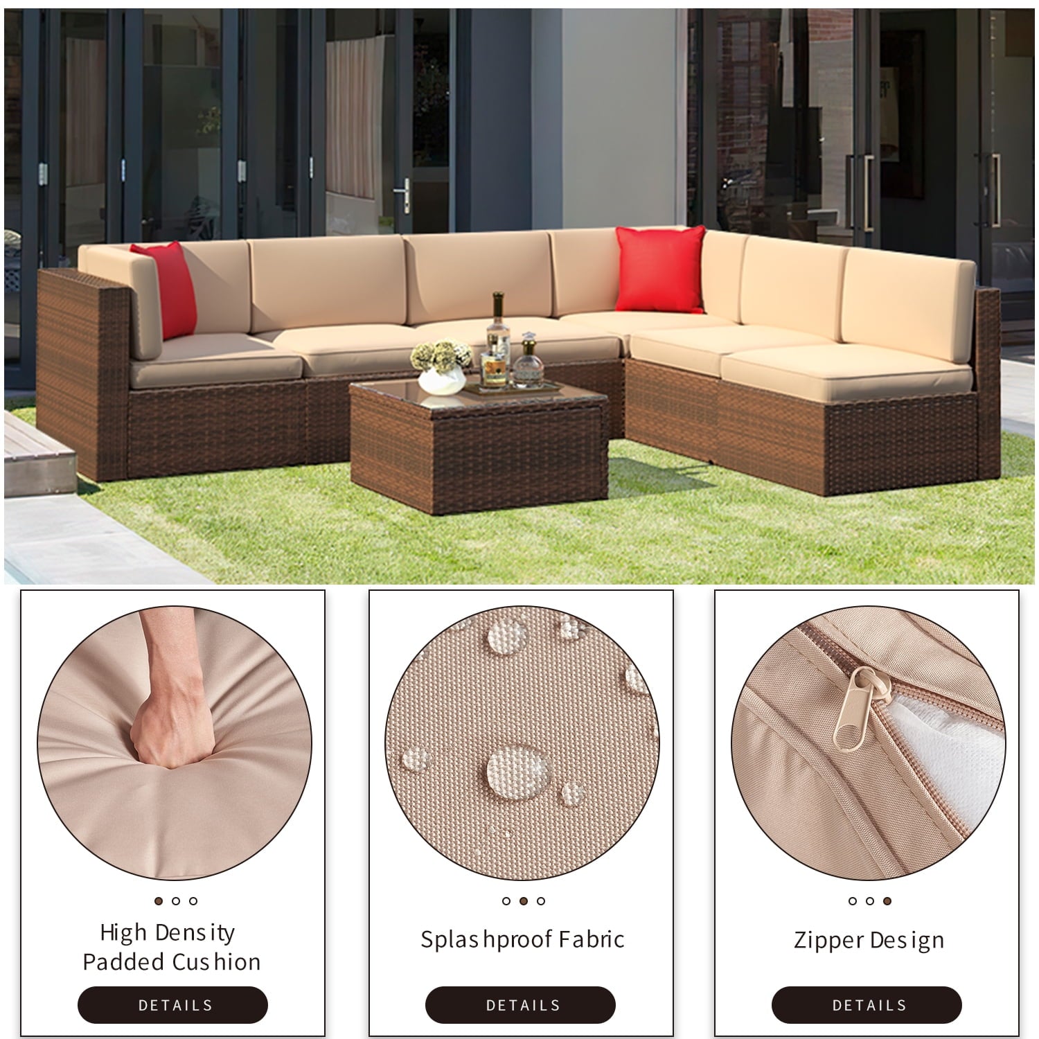 7 Pcs Patio Furniture Sets with Coffee Table,Patio Conversation Sets,Brown