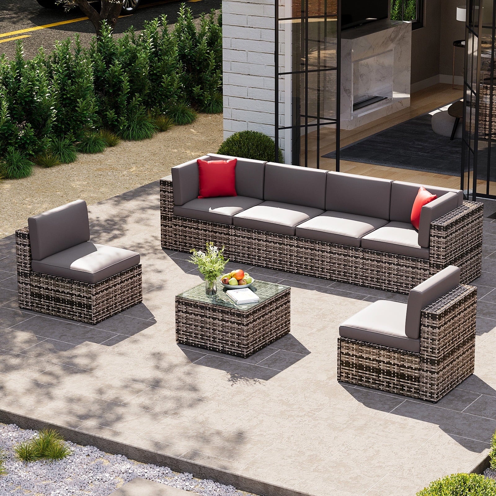 7pcs Patio Conversation Set, Outdoor Rattan Wicker Furniture Set All-Weather Sectional Sofa Set with Coffee Table, Gray