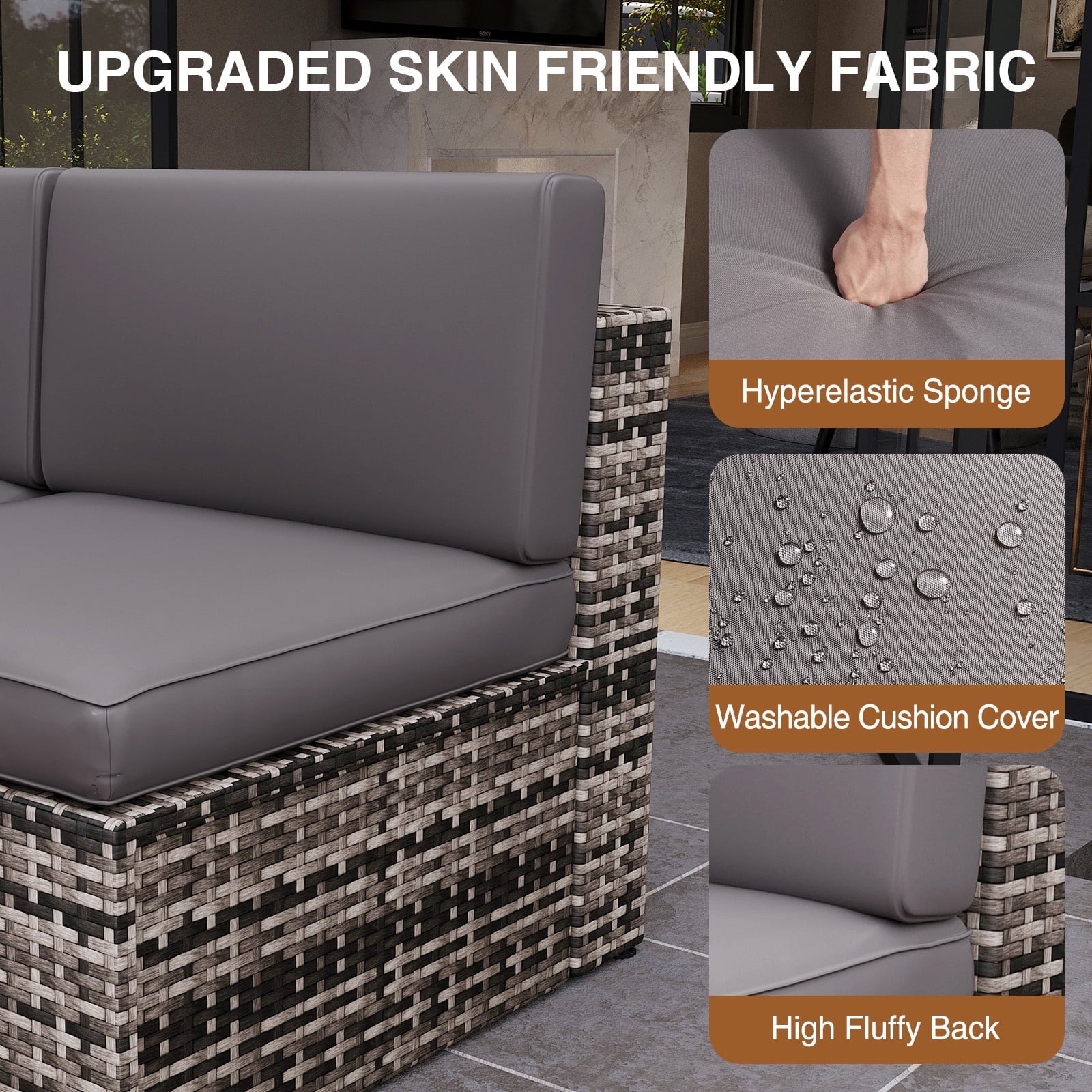 7pcs Patio Conversation Set, Outdoor Rattan Wicker Furniture Set All-Weather Sectional Sofa Set with Coffee Table, Gray