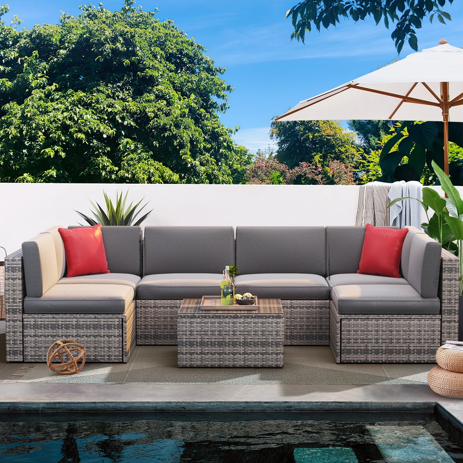 7 Pcs Patio Furniture Sets with Coffee Table,Patio Conversation Sets,Grey