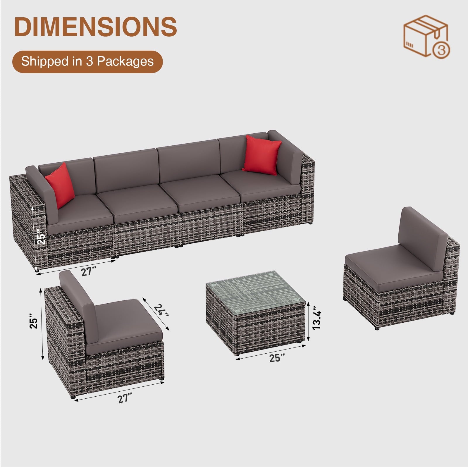 7pcs Patio Conversation Set, Outdoor Rattan Wicker Furniture Set All-Weather Sectional Sofa Set with Coffee Table, Gray